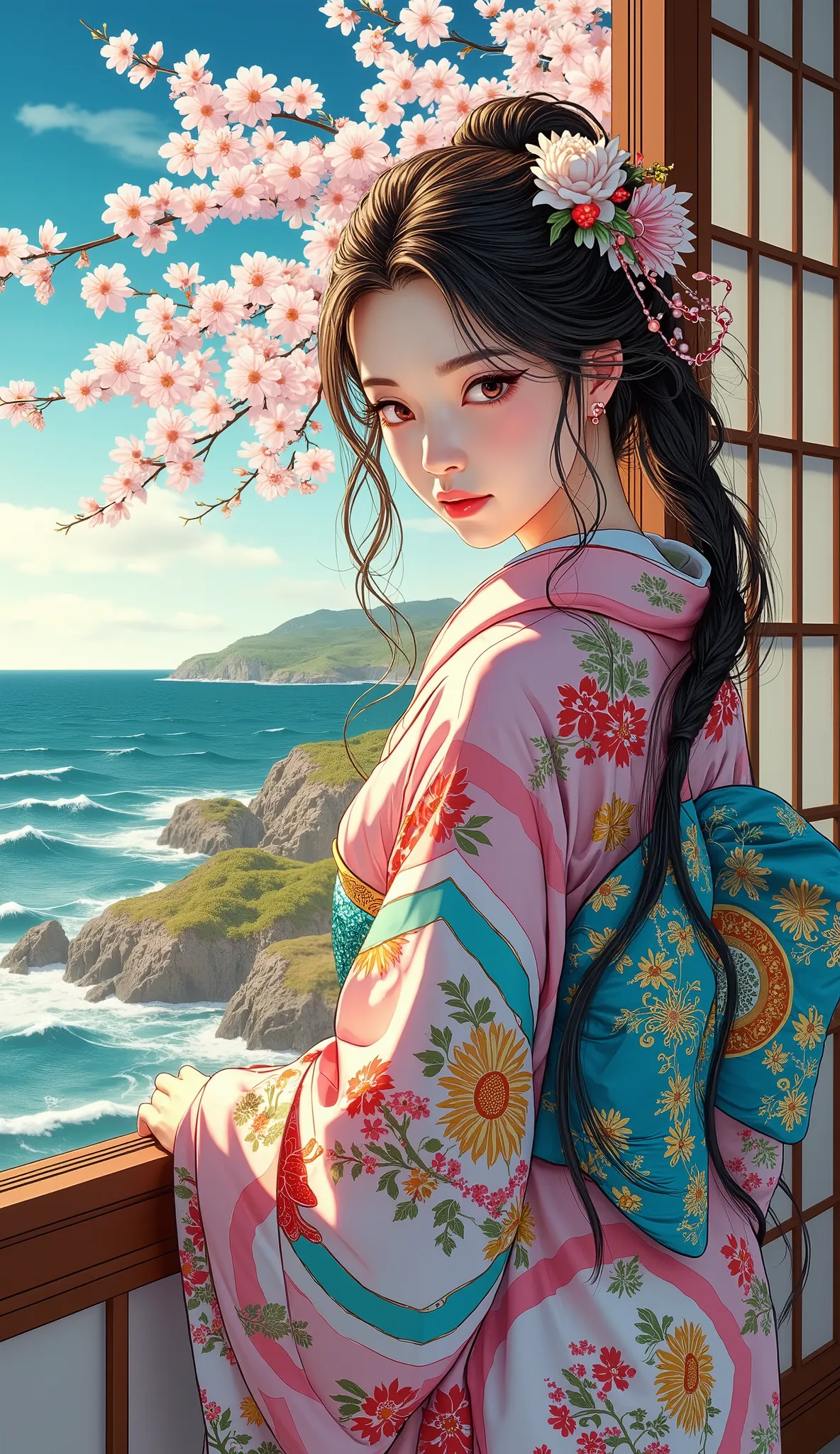 high resolution images in front of the teacher、Katsushika Hokusai manga (Beautiful Eyes、Look at every detail、multi-colored hair under arms)、Kimono that looks like a yukata、Woman looking out the window 、葛飾北斎スタイルで海辺の宿ように見えるhigh resolution images in front of the teacher、 The Beauty of Kimonos 、顔のDetails、Highest quality ukiyo-e、Details、High resolution image beauty。