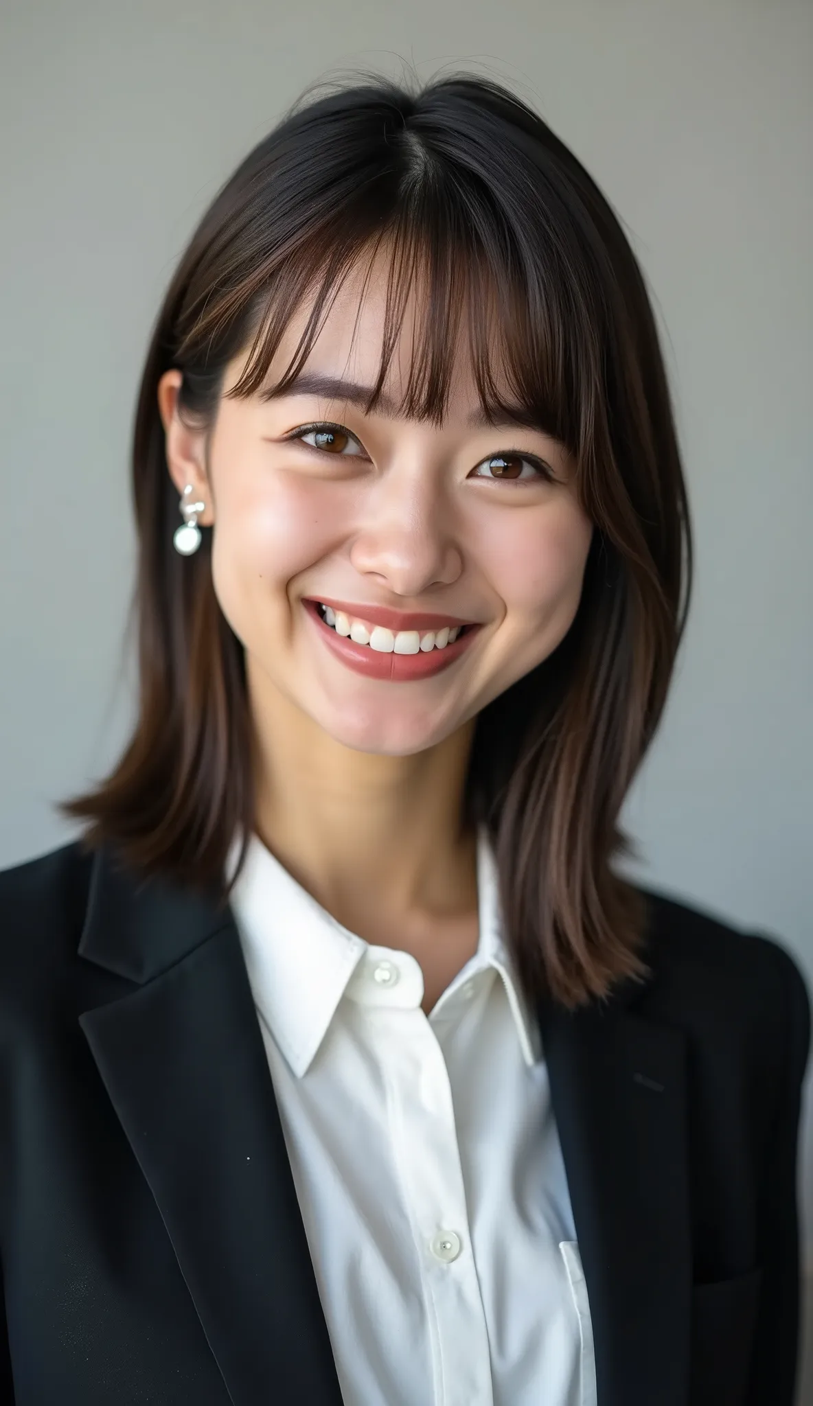 Neat Young Woman、and look at the camera、office lady suit、jacket、shirt、、ear piercing、薄い茶髪、smile showing teeth、背景はオフィス
