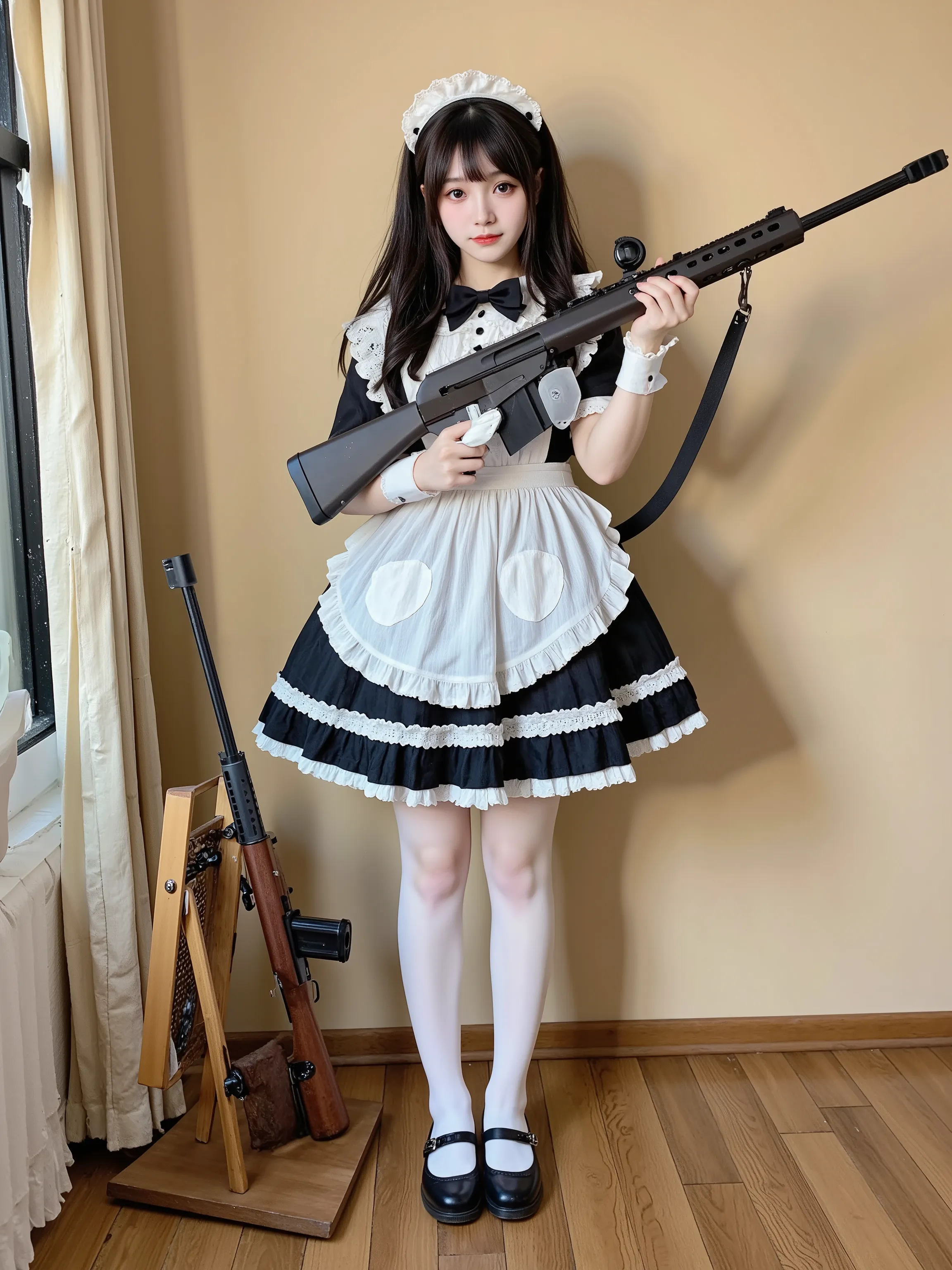 A Japanese woman dressed in a black and white maid outfit stands holding various firearms. The outfit features a ruffled white apron, short black skirt, white stockings, and black shoes. She displays a gentle smile while holding a sniper rifle in her hands...