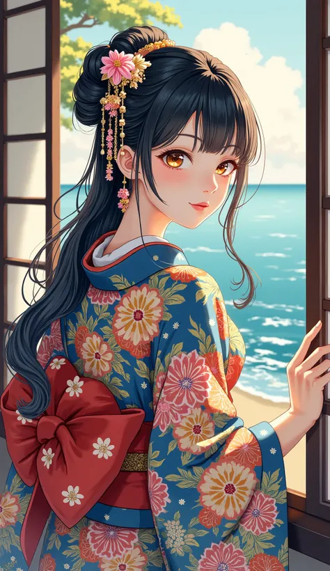 high resolution images in front of the teacher、Katsushika Hokusai manga (Beautiful Eyes、Look at every detail、multi-colored hair under arms)、Kimono that looks like a yukata、Woman looking out the window 、葛飾北斎スタイルで海辺の宿ように見えるhigh resolution images in front of the teacher、 The Beauty of Kimonos 、顔のDetails、Highest quality ukiyo-e、Details、High resolution image beauty。