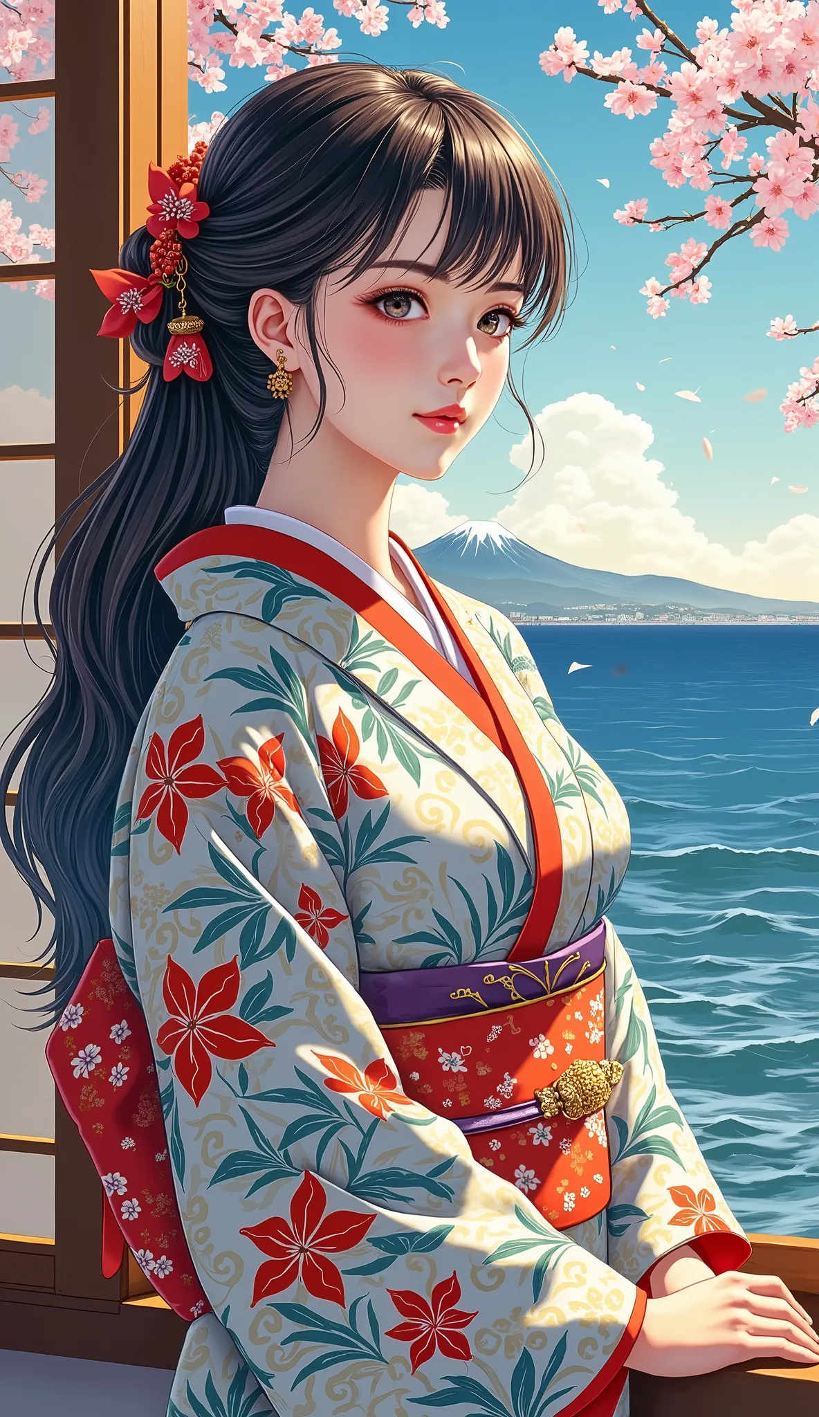 high resolution images in front of the teacher、Katsushika Hokusai manga (Beautiful Eyes、Look at every detail、multi-colored hair under arms)、Kimono that looks like a yukata、Woman looking out the window 、葛飾北斎スタイルで海辺の宿ように見えるhigh resolution images in front of the teacher、 The Beauty of Kimonos 、顔のDetails、Highest quality ukiyo-e、Details、High resolution image beauty。