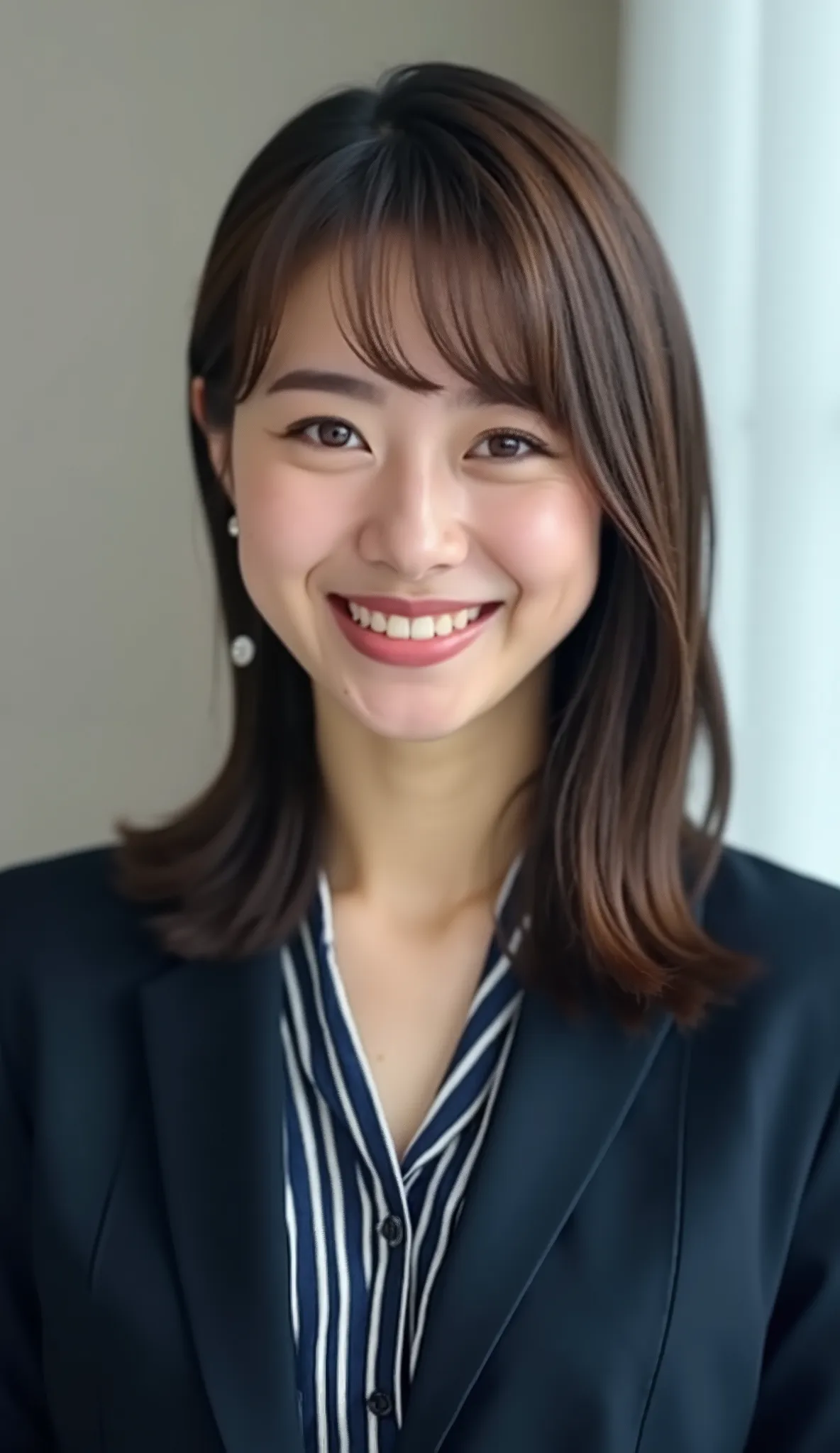 Neat Young Woman、and look at the camera、office lady suit、jacket、shirt、ネックレス、、ear piercing、薄い茶髪、smile showing teeth、背景はオフィス
