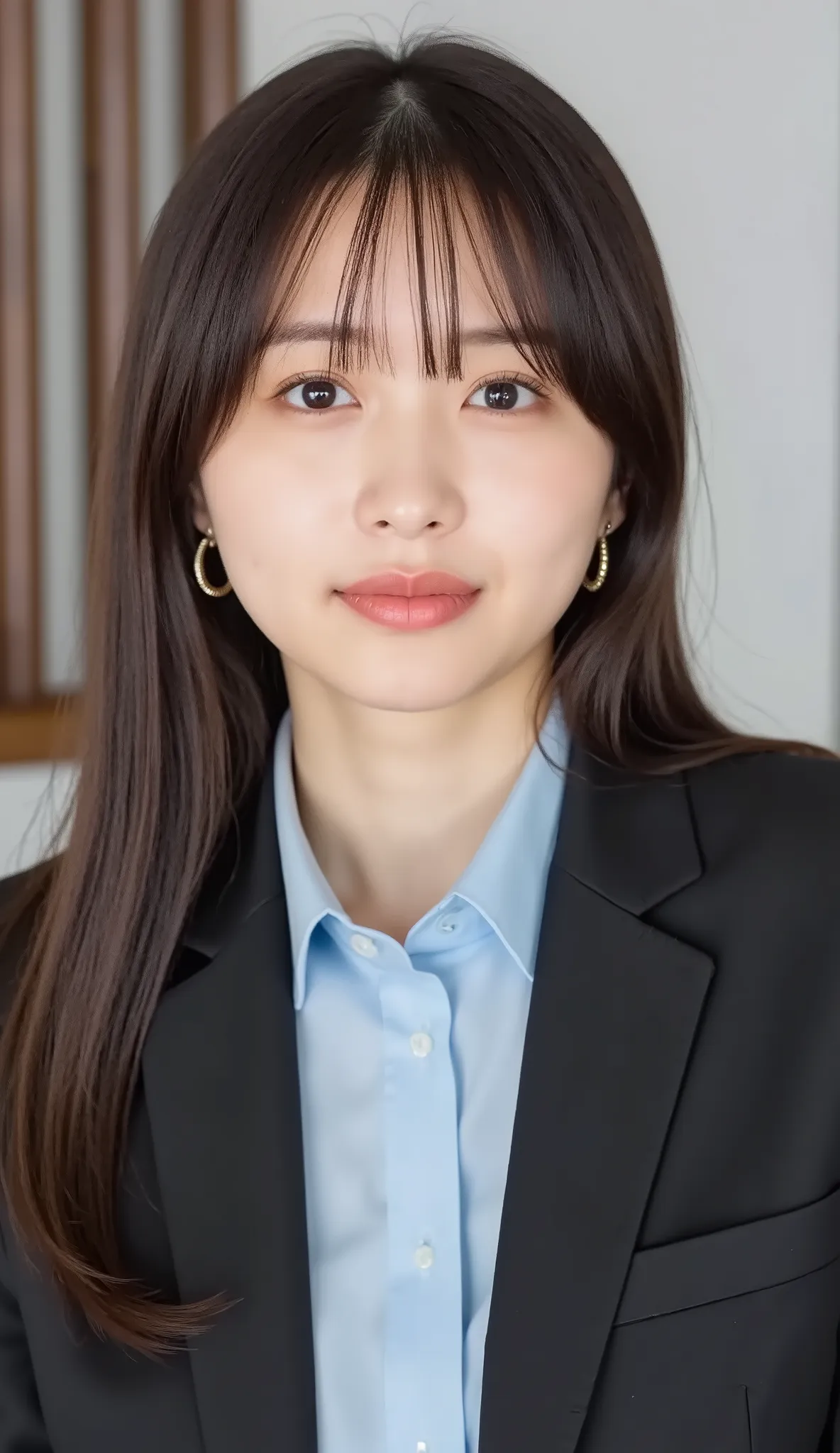 Neat Young Woman、and look at the camera、office lady suit、jacket、shirt、 、、ear piercing、髪型ショートカット、、 薄い茶髪、、smile showing teeth、background is office
