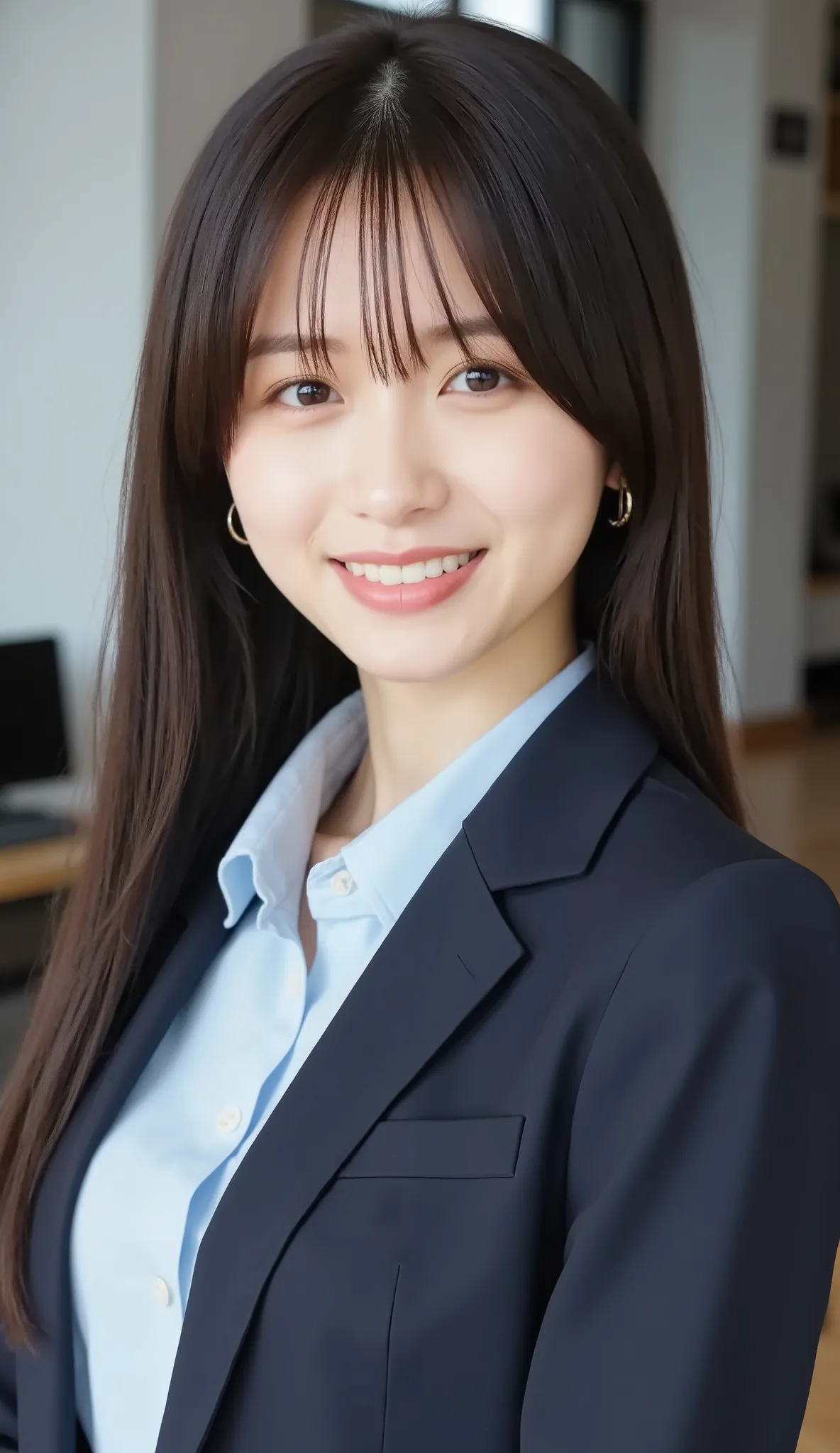 Neat Young Woman、and look at the camera、office lady suit、jacket、shirt、 、、ear piercing、髪型ショートカット、、 薄い茶髪、、smile showing teeth、background is office
