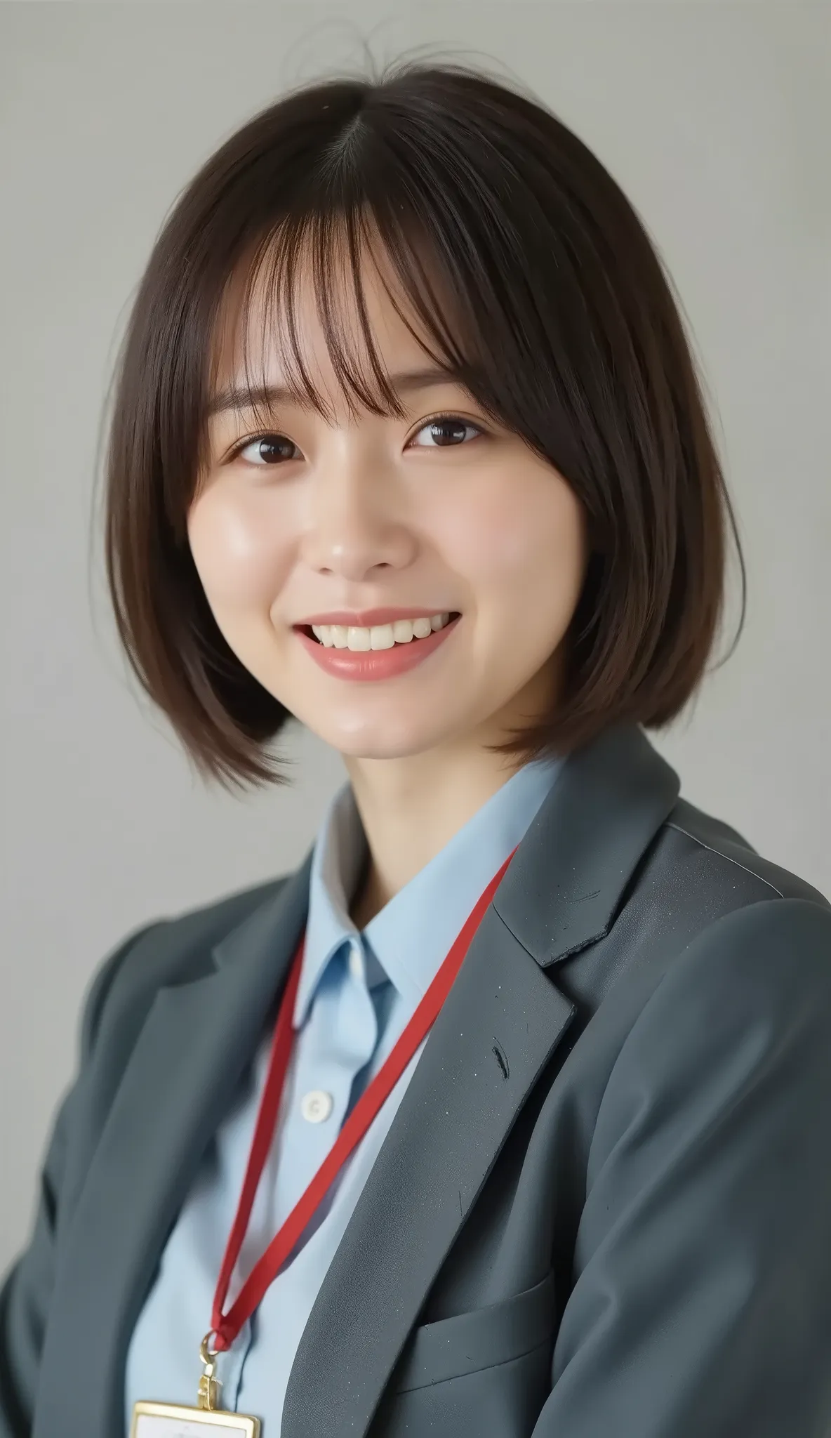Neat Young Woman、and look at the camera、office lady suit、jacket、shirt、 employee ID hanging from the neck 、、ear piercing、髪型ショートカット、、 黒に限りなく近い茶髪、、smile showing teeth、background is office
