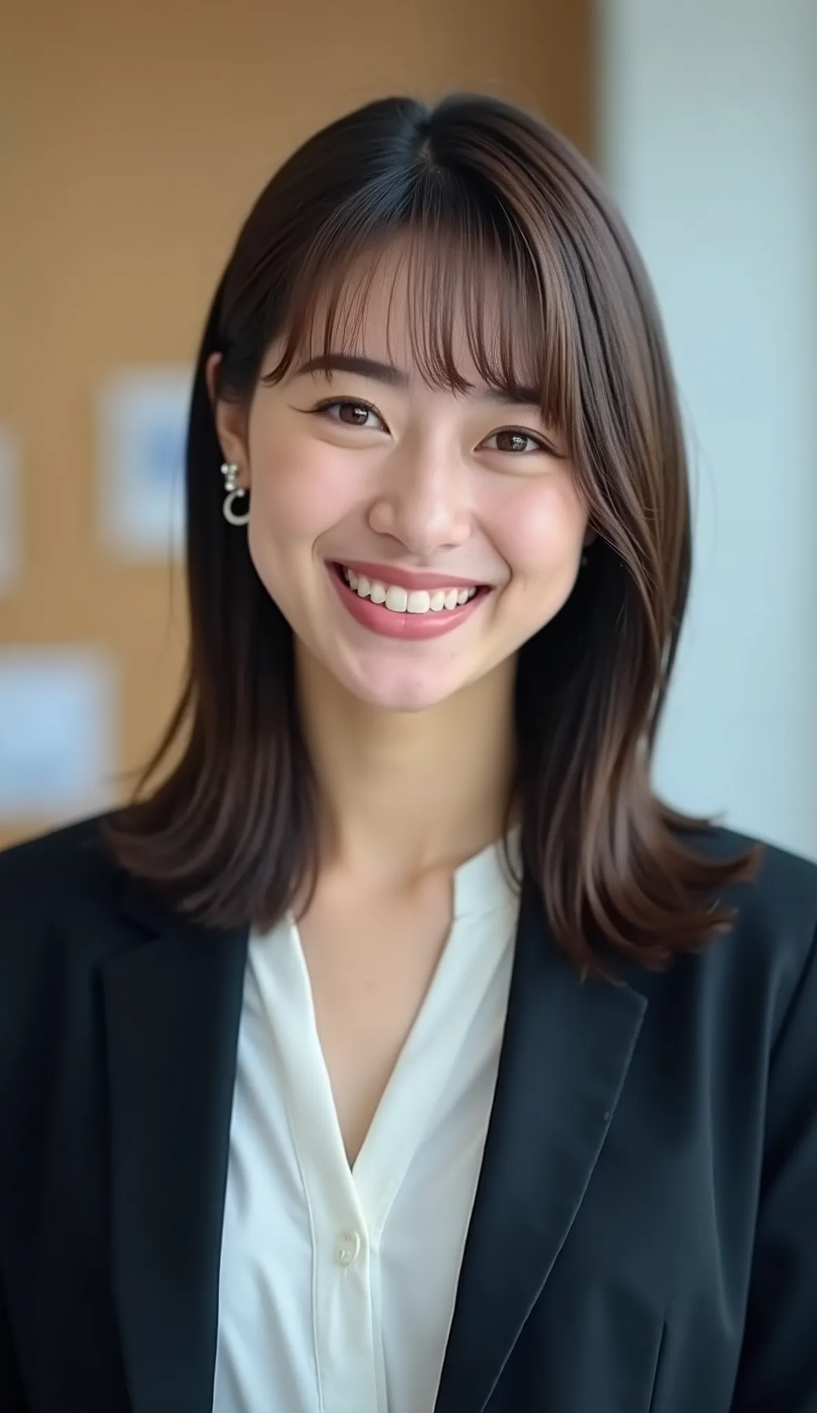 Neat Young Woman、and look at the camera、office lady suit、jacket、shirt、ネックレス、、ear piercing、薄い茶髪、smile showing teeth、背景はオフィス
