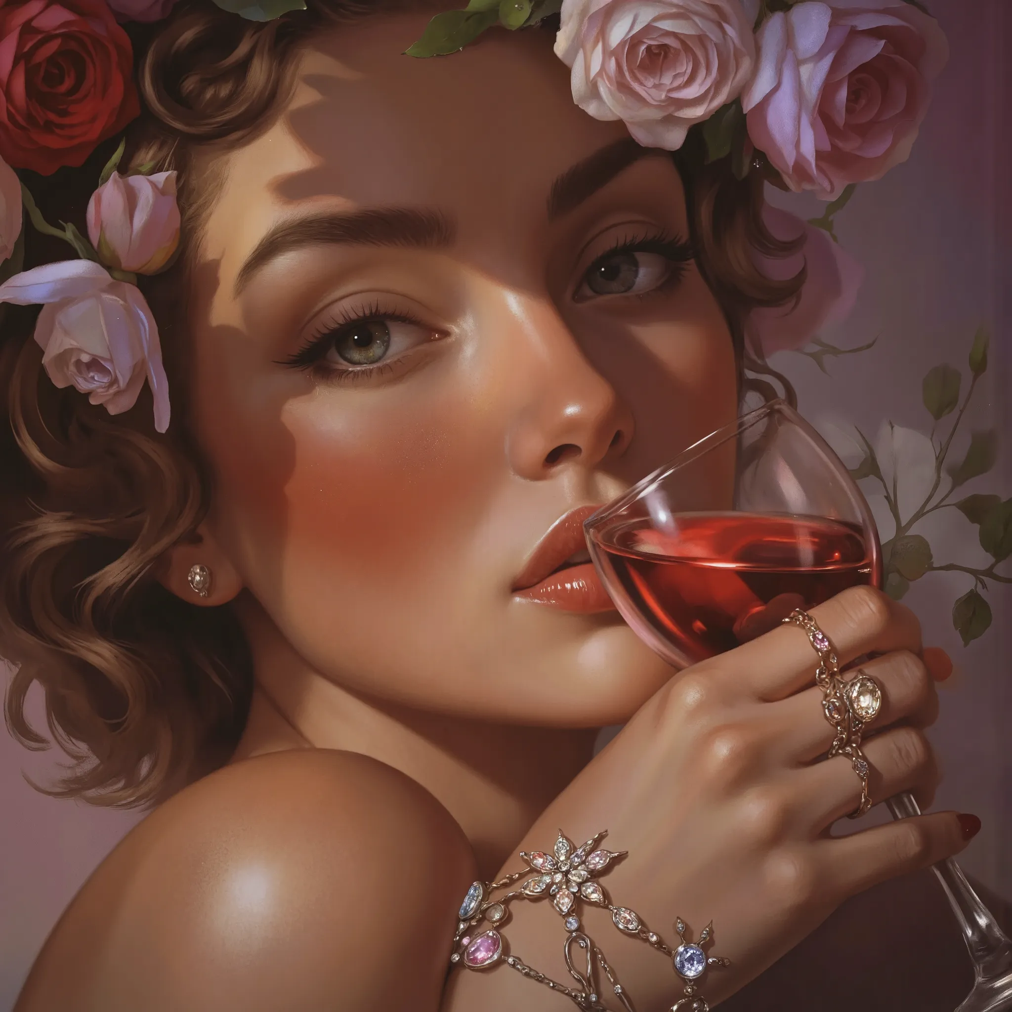 concept art、Beautiful woman drinking wine with roses and jewels、Sparkling Skin、Moist lips、Seductive Smile、gorgeous、fantastic、high quality
