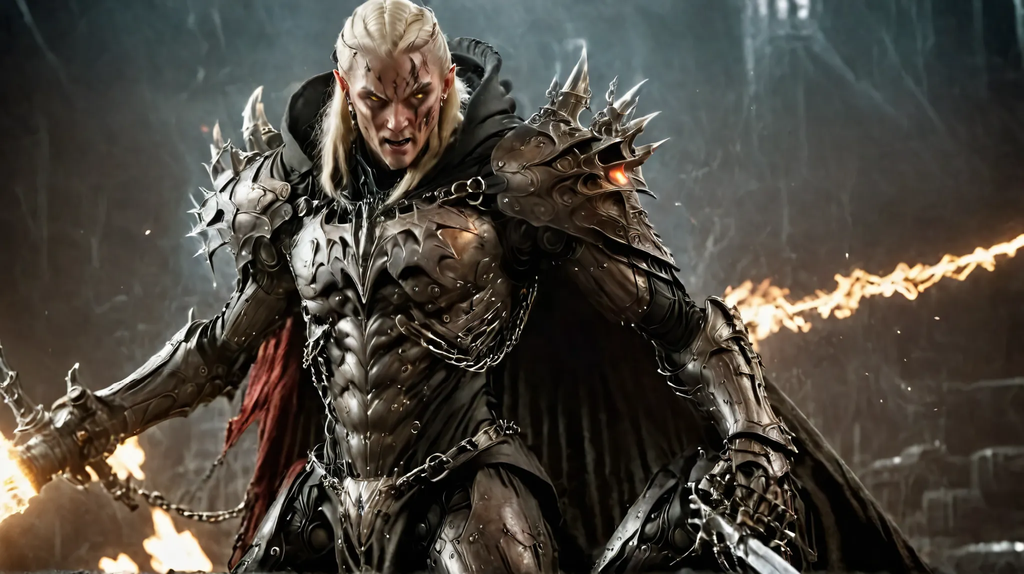 A breathtaking cinematic battle scene: in the foreground, a fierce elven warrior woman strikes down a towering demon with her radiant plasma-blade. Captured mid-motion, her expression is intense and determined, glowing eyes locked on the enemy as sparks an...
