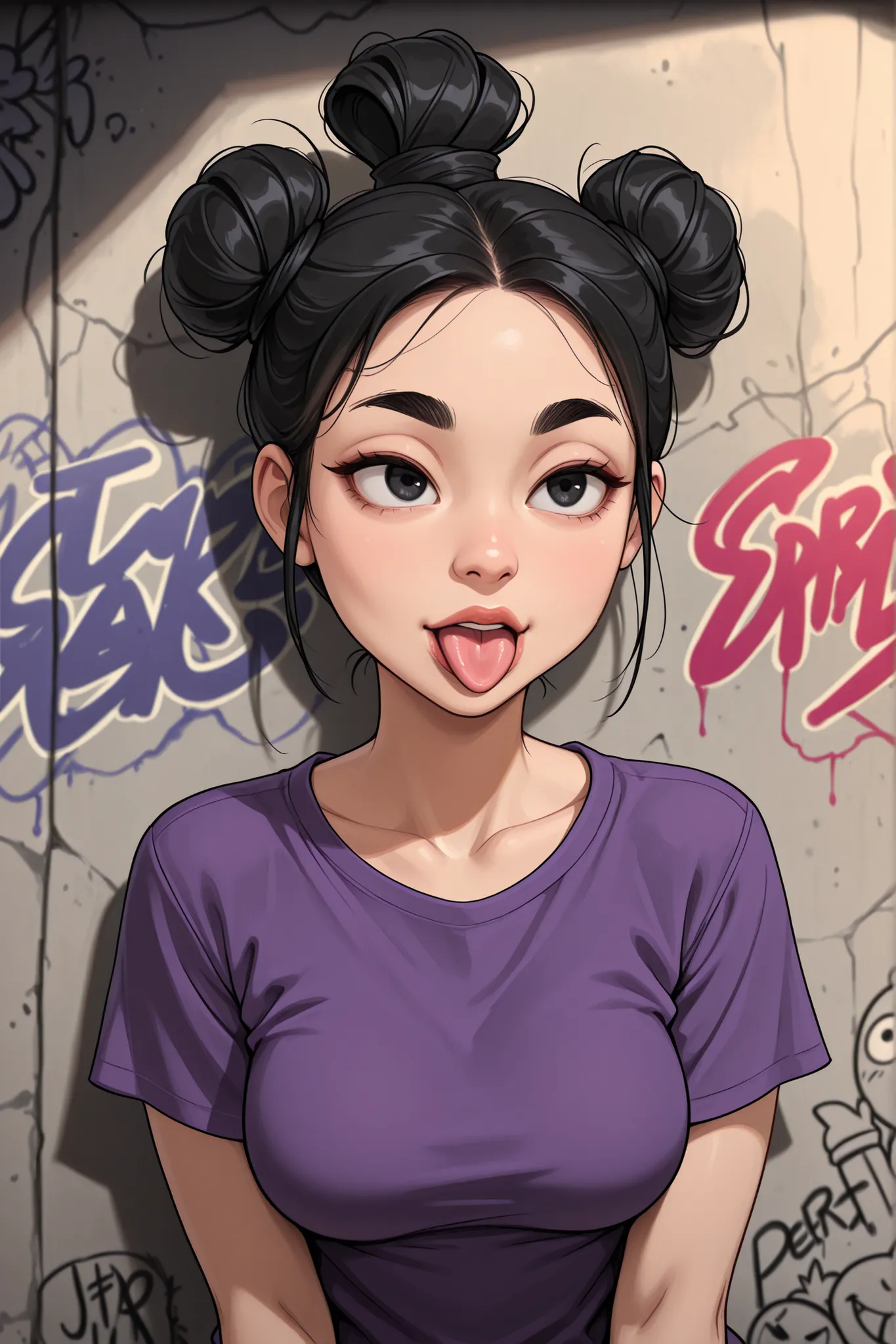 Perfect Face, Black Hair, Top Knot Hair Bun, Black Normal Eyebrows, Black Eyes, Lips Without Makeup, Tongue Out, (Female Asian, Face Asian), (Medium Breasts), (Purple T-Shirt), Looking At Me, (Graffiti Wall Background)