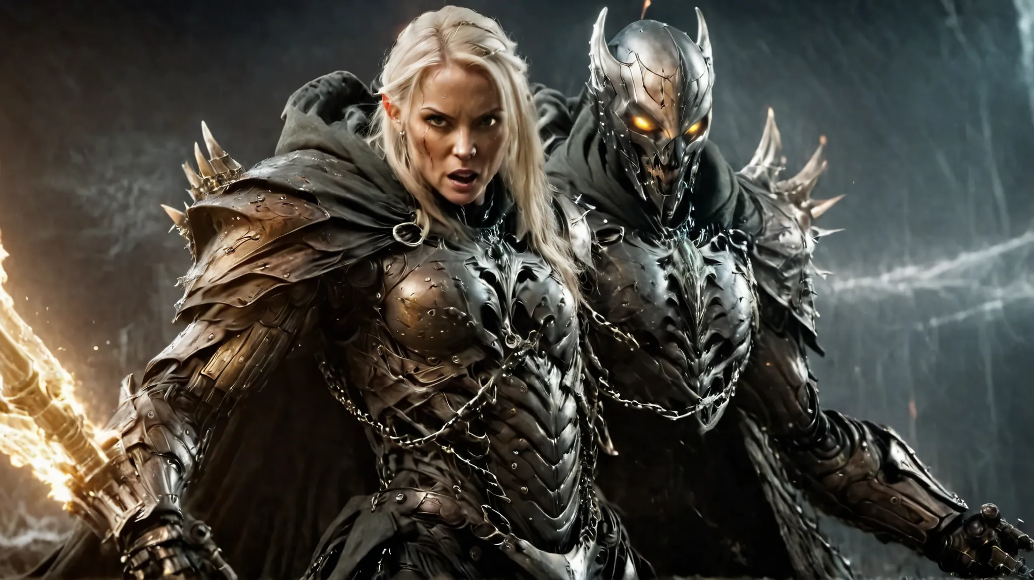 A breathtaking cinematic battle scene: in the foreground, a fierce elven warrior woman strikes down a towering demon with her radiant plasma-blade. Captured mid-motion, her expression is intense and determined, glowing eyes locked on the enemy as sparks an...