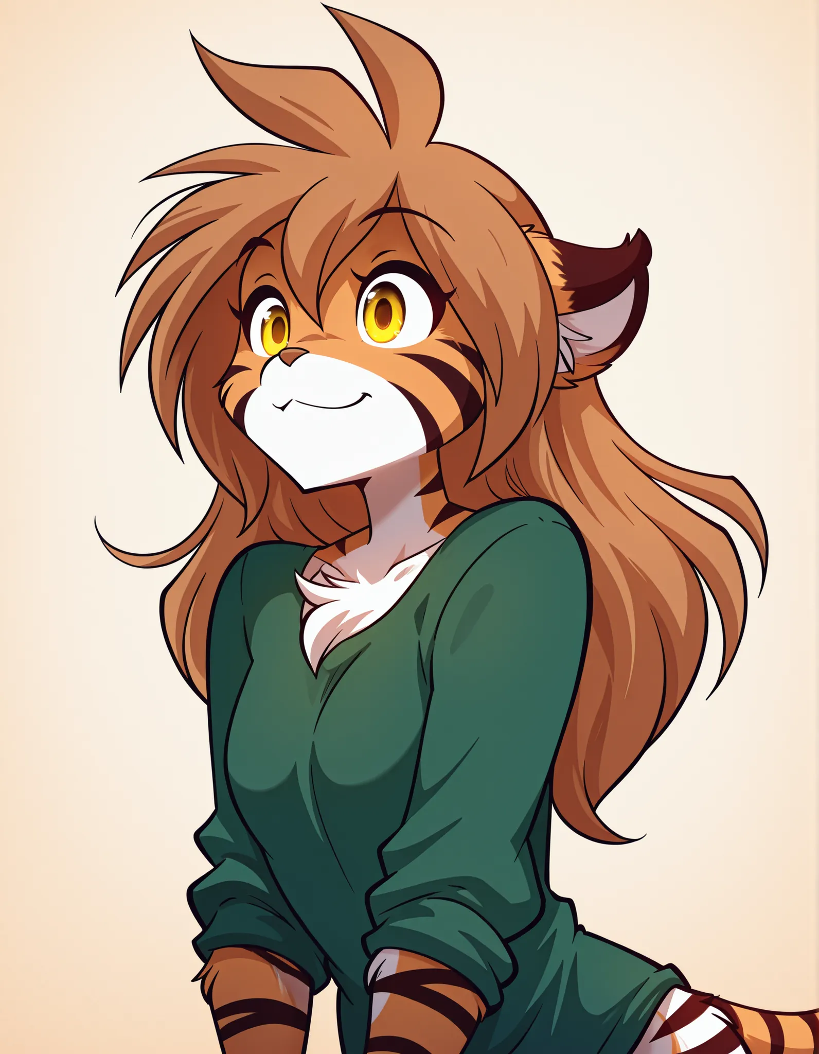 fl1phrrr5tyl3,, masterpiece, best quality, very aesthetic, 1girl,, furry, solo, flora-twokinds, flora_twokinds,, tiger, striped fur, keidran, yellow eyes, anthro,, green shirt