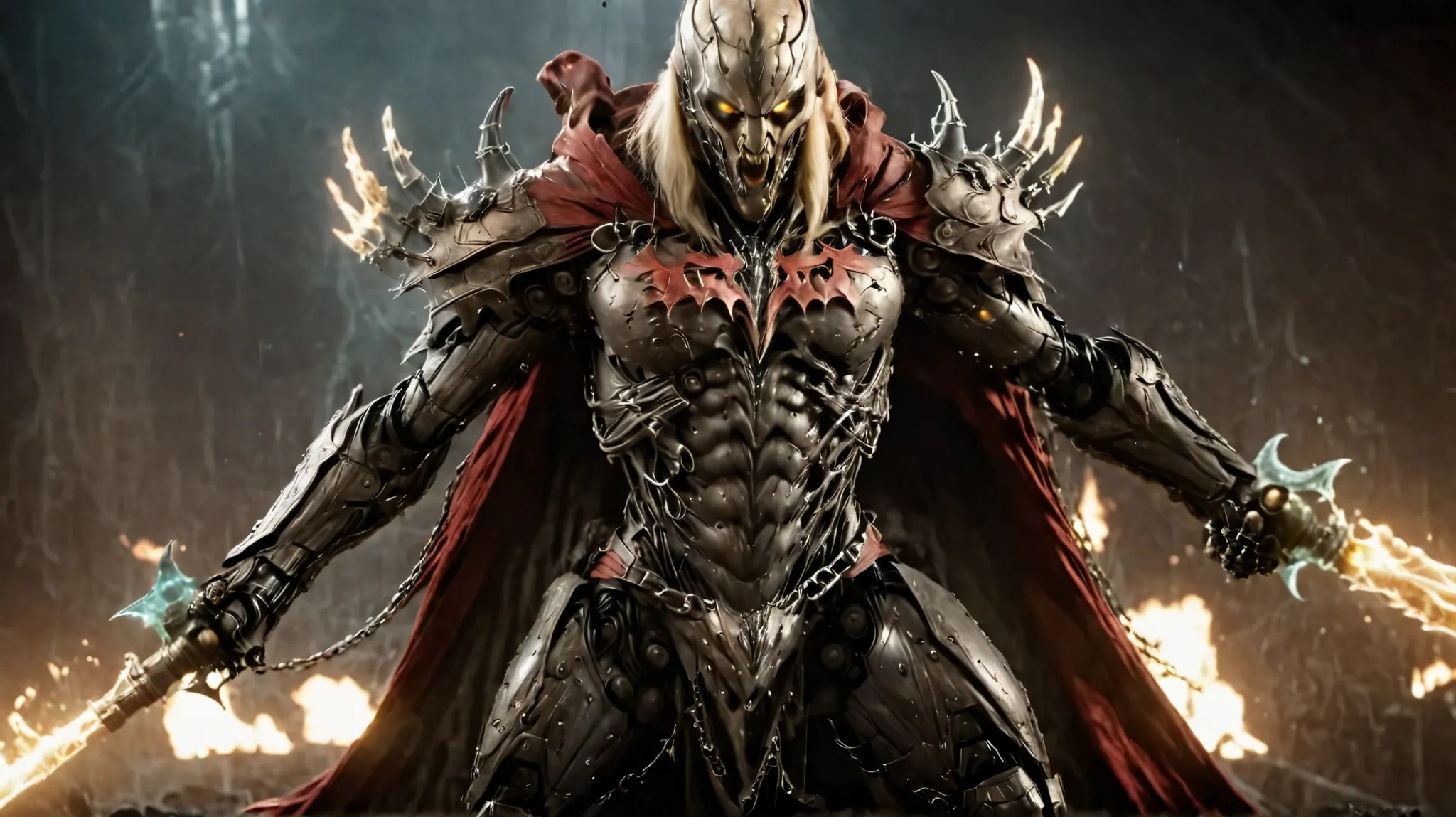A breathtaking cinematic battle scene: in the foreground, a fierce elven warrior woman strikes down a towering demon with her radiant plasma-blade. Captured mid-motion, her expression is intense and determined, glowing eyes locked on the enemy as sparks an...