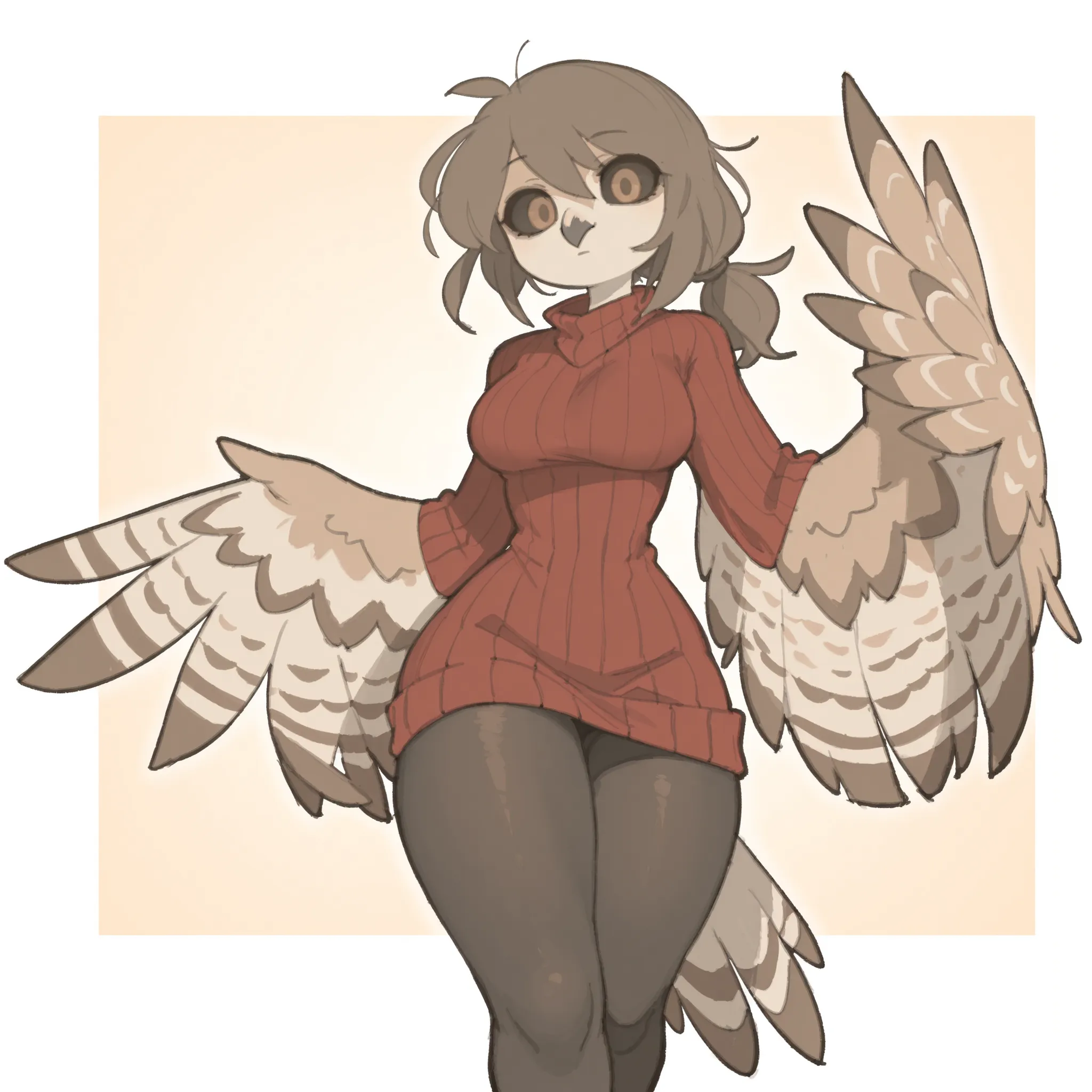 masterpiece, ultra-HD, impressionism, high detail, best quality, very aesthetic, 8k, best quality, beautiful, tmchng, 1woman, solo, anthro furry, barn owl, long brown hair, low ponytail, black sclera, brown eyes, owl wings, winged arms, wings instead of ar...
