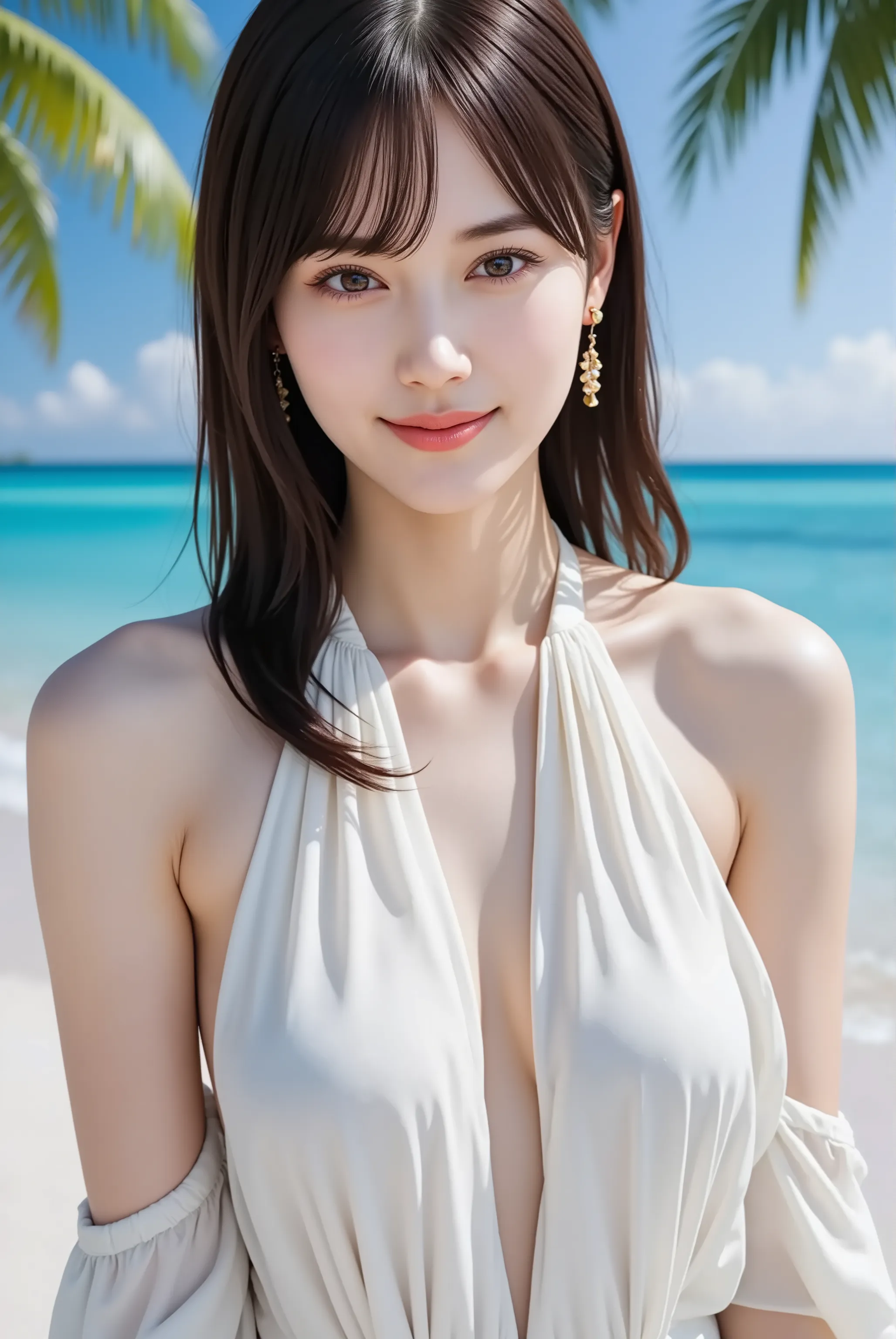 a stunning young Japanese woman standing on a tropical beach, wearing a flowing white halter-style monokini dress with a deep plunge neckline and high-cut sides, soft fabric fluttering in the breeze, long dark brown hair loosely styled, natural makeup with...