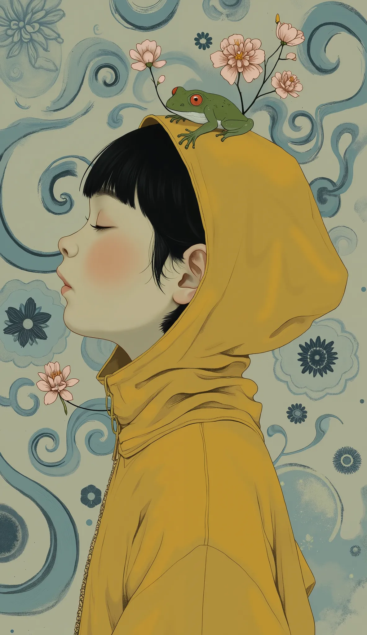 穏やかで気まぐれな肖像画には、若い少女の横顔が描かれています, 彼女の目は優しく閉じられた, 穏やかな, 内省的表現. 彼女は独特の黄色いフード付きの衣服を着ており、それが彼女のシルエットにシームレスに溶け込んでいます, 複雑な模様の美しいタペストリーで飾られています. 繊細なピンクの花が生地一面に咲き誇っています, 渦巻く青と白のデザインの中に散りばめられています, 優雅な動きと調和の感覚を呼び起こします. 衣服の質感は柔らかさを醸し出しています, なめらかな生地, 少女の滑らかな肌とのコントラストが, ...