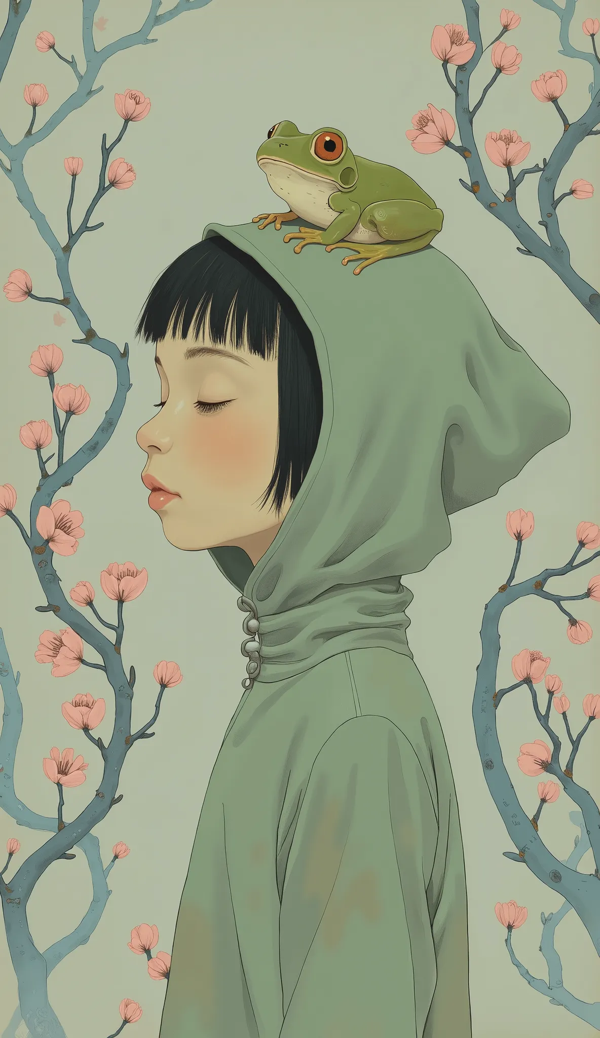穏やかで気まぐれな肖像画には、若い少女の横顔が描かれています, 彼女の目は優しく閉じられた, 穏やかな, 内省的表現. 彼女は独特の若草色のフード付きの衣服を着ており、それが彼女のシルエットにシームレスに溶け込んでいます, 複雑な模様の美しいタペストリーで飾られています. 繊細なピンクの花が生地一面に咲き誇っています, 渦巻く青と白のデザインの中に散りばめられています, 優雅な動きと調和の感覚を呼び起こします. 衣服の質感は柔らかさを醸し出しています, なめらかな生地, 少女の滑らかな肌とのコントラストが,...