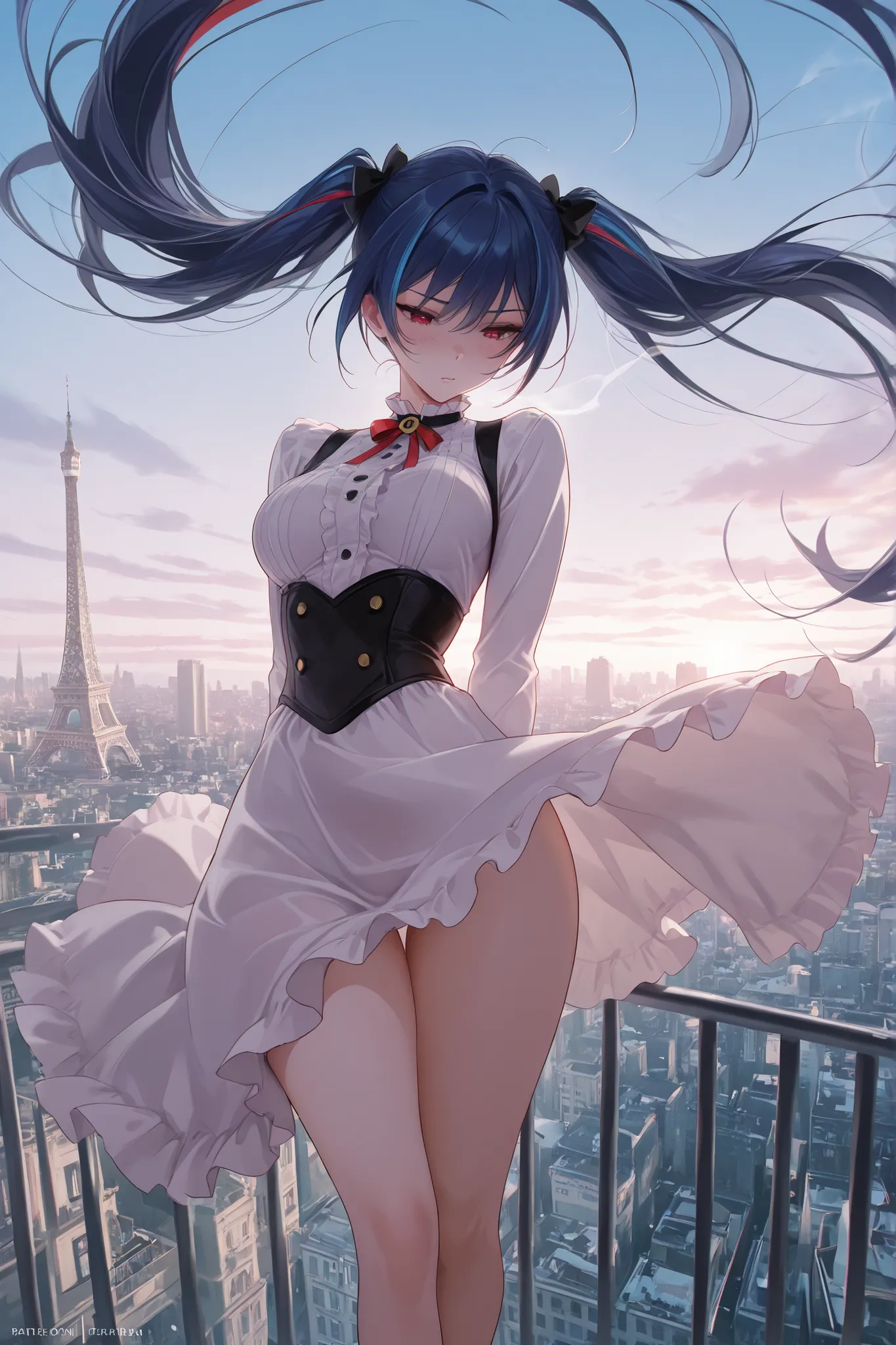 Dratena Belbury , masterpiece , best quality , amazing quality , 1girl, NSFW , chromatic aberration , very long hair , Red eyes, twintails , breasts, the Eiffel Tower, at a great height, looking down, hair blowing in the wind, excitement, looking at the ci...