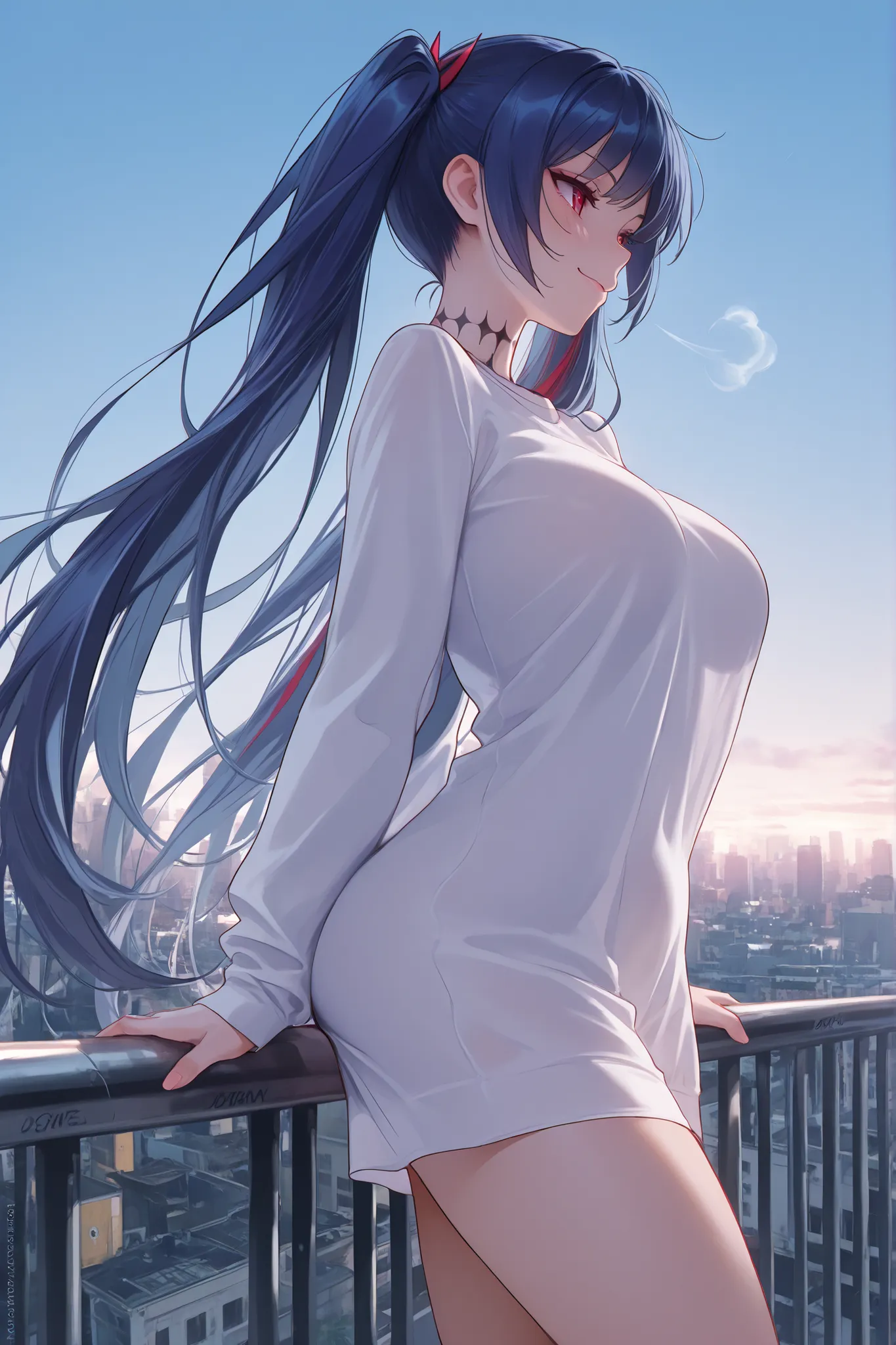 Dratena Belbury , masterpiece , best quality , amazing quality , 1girl, NSFW , chromatic aberration , very long hair , Red eyes, twintails , breasts, Holding on to the handrail,  at a great height, smile, Side view, High up on the roof, hair blowing in the...