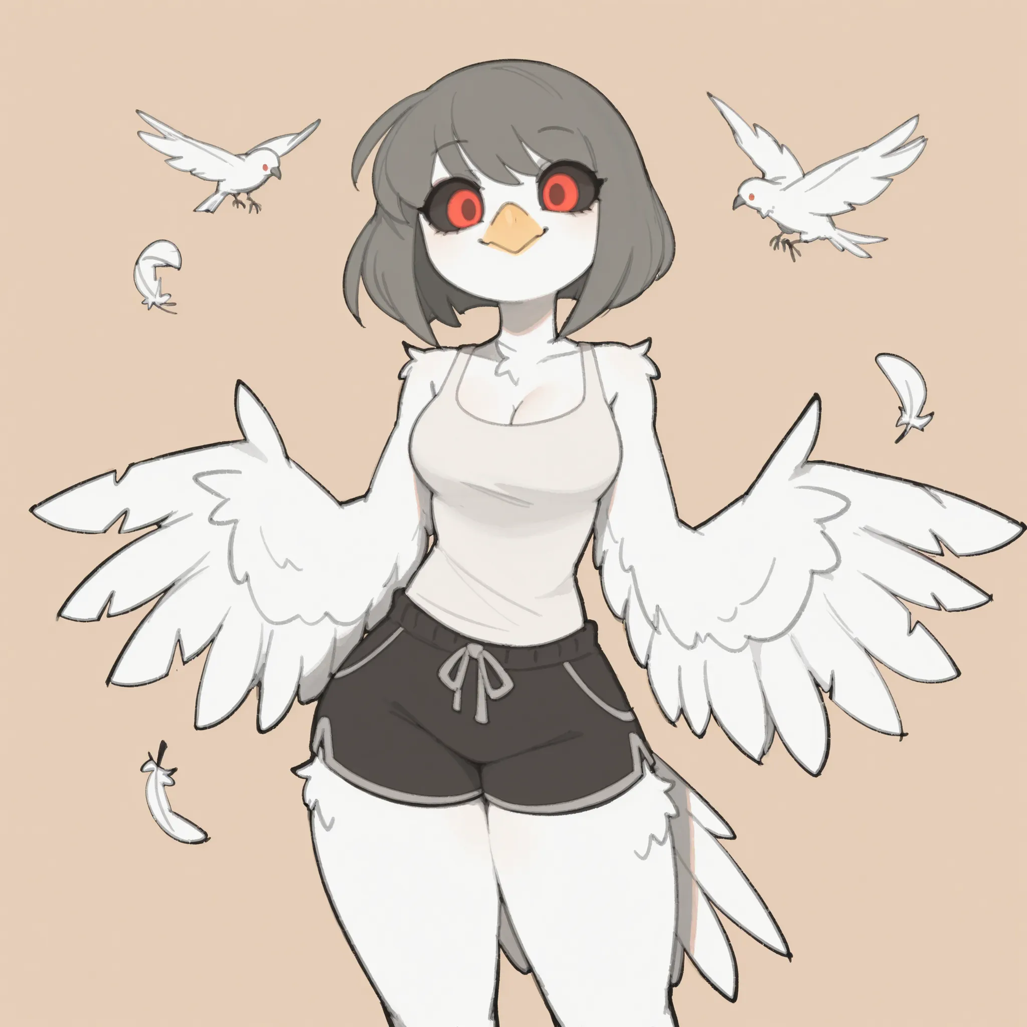 masterpiece, ultra-HD, impressionism, high detail, best quality, very aesthetic, 8k, best quality, beautiful, tmchng, 1girl, solo, anthro furry, pigeon, white feathers, short gray hair, bob cut, black sclera, red eyes, bird wings, winged arms, wings inste...