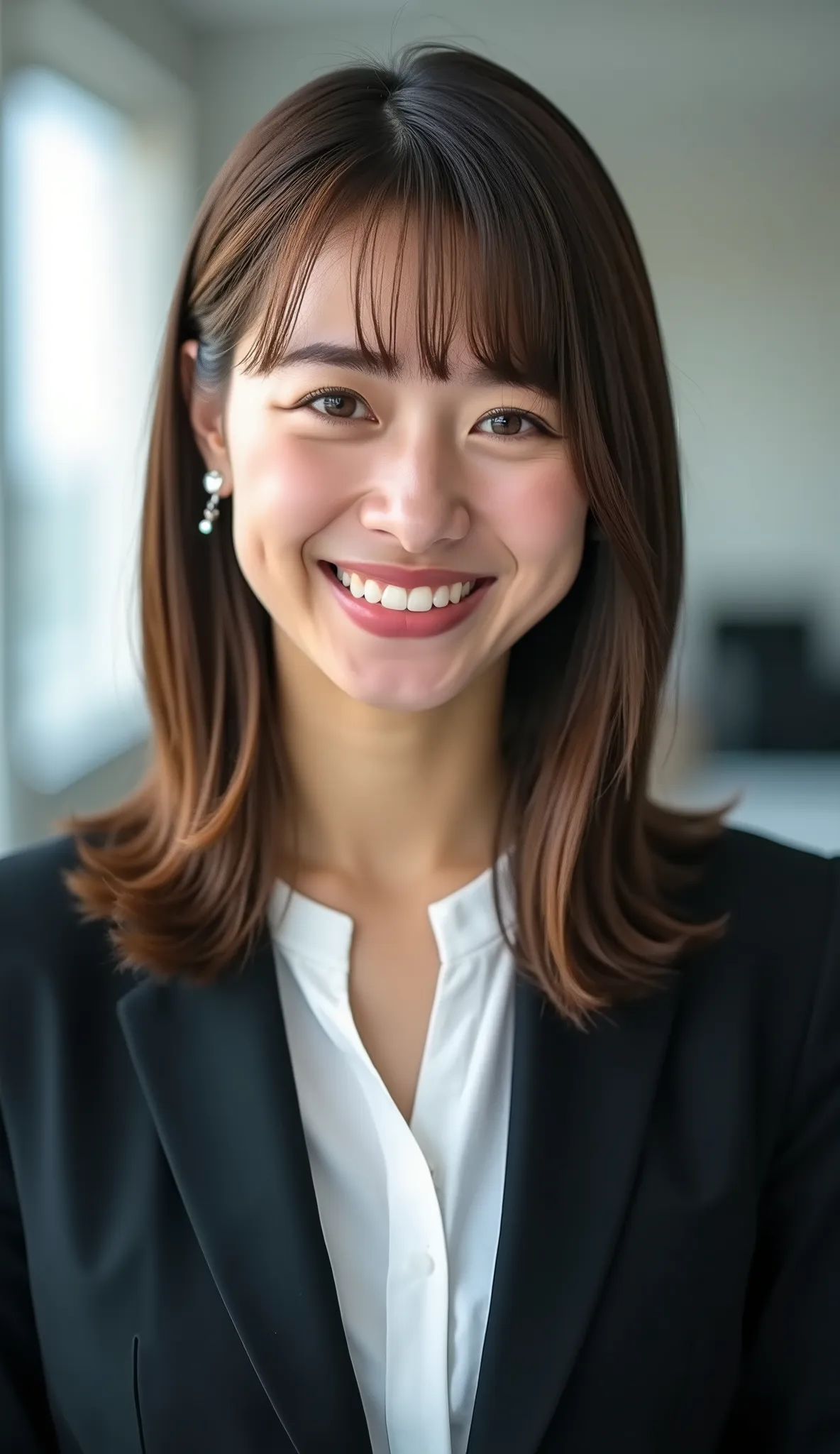 Neat Young Woman、and look at the camera、office lady suit、jacket、shirt、ネックレス、、ear piercing、薄い茶髪、smile showing teeth、背景はオフィス
