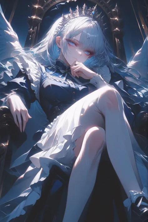 A beautiful, haughty maid sitting on a majestic throne, viewed from a low angle. She has medium-length, light blue hair that falls to her shoulders, and wears a dark navy blue maid uniform with elegant frills. She sits with her legs crossed, one elbow rest...