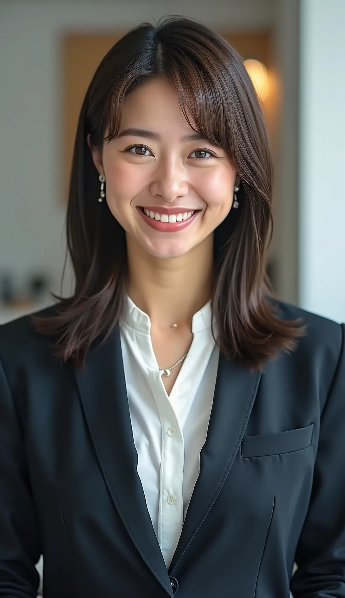 Neat Young Woman、and look at the camera、office lady suit、jacket、shirt、ネックレス、、ear piercing、、smile showing teeth、背景はオフィス
