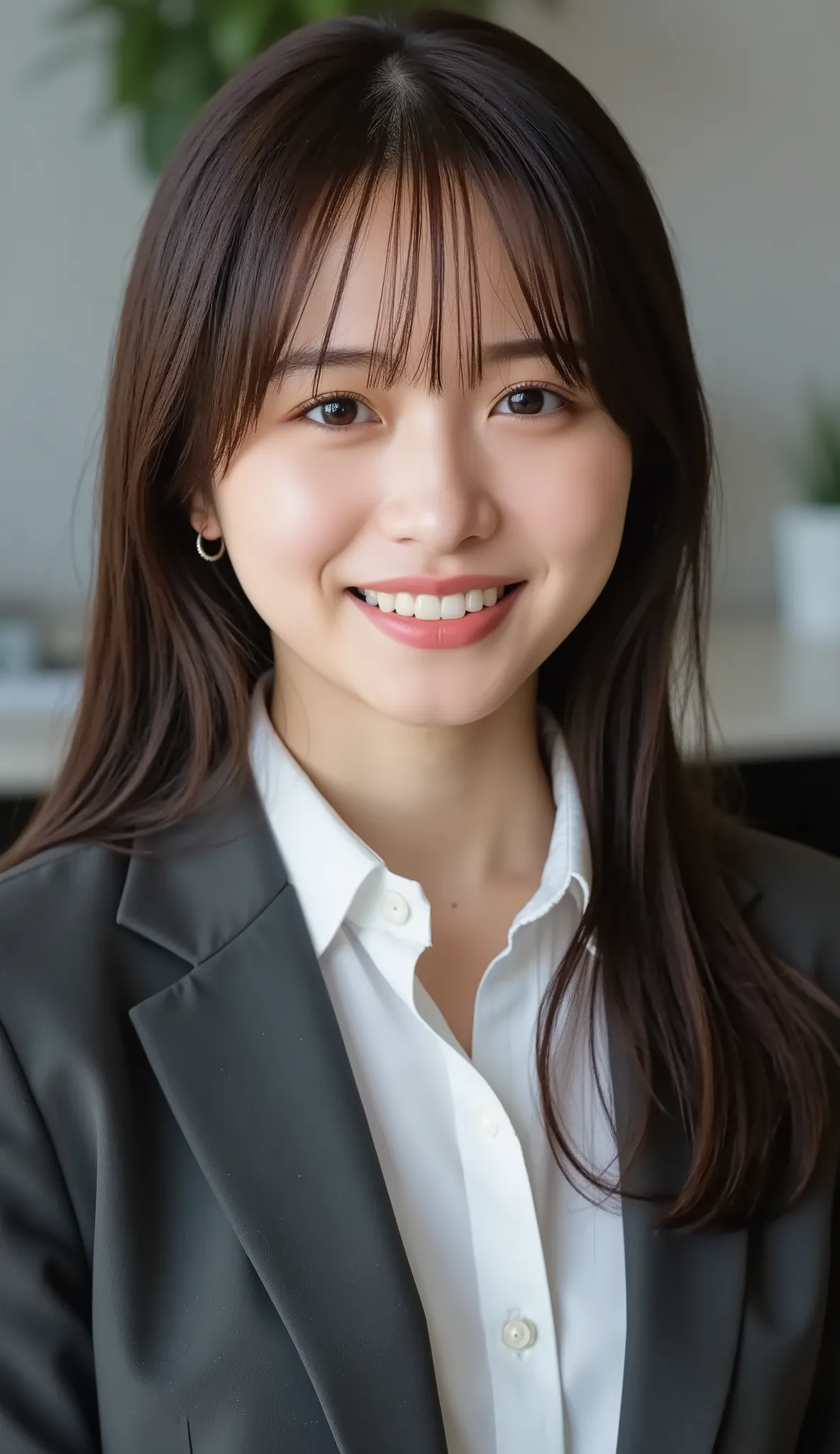 Neat Young Woman、and look at the camera、office lady suit、jacket、shirt、 、、ear piercing、髪型セミロング、、 、、smile showing teeth、background is office
