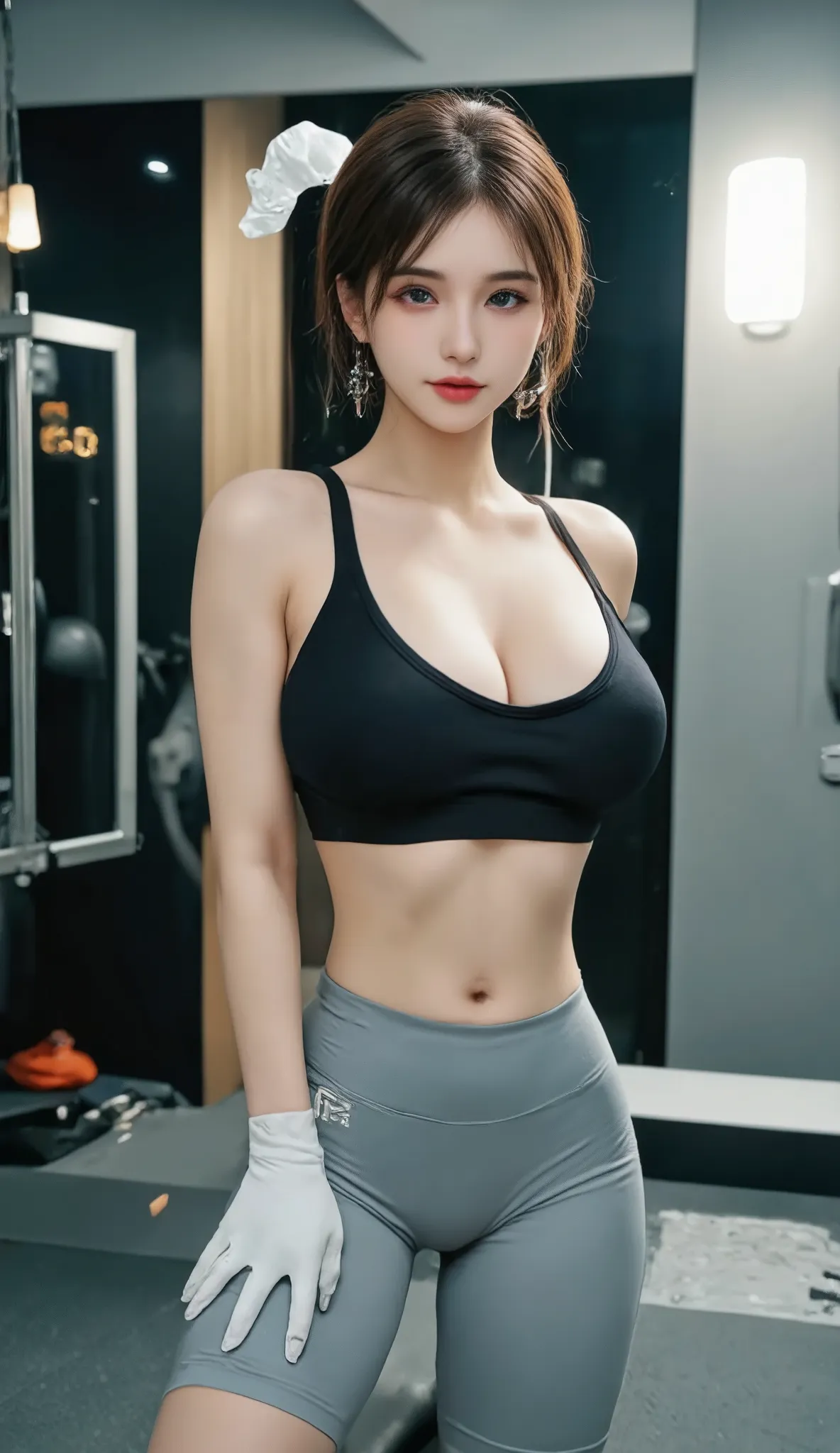 sport time,

 sweet smiling woman, She is wearing a gray sleeveless Matching set, matched with high waisted short leggings and a sports bra. white sports shoes complete her look. looks beautiful with earrings jewelry, posing for a selfie, Long black hair, ...