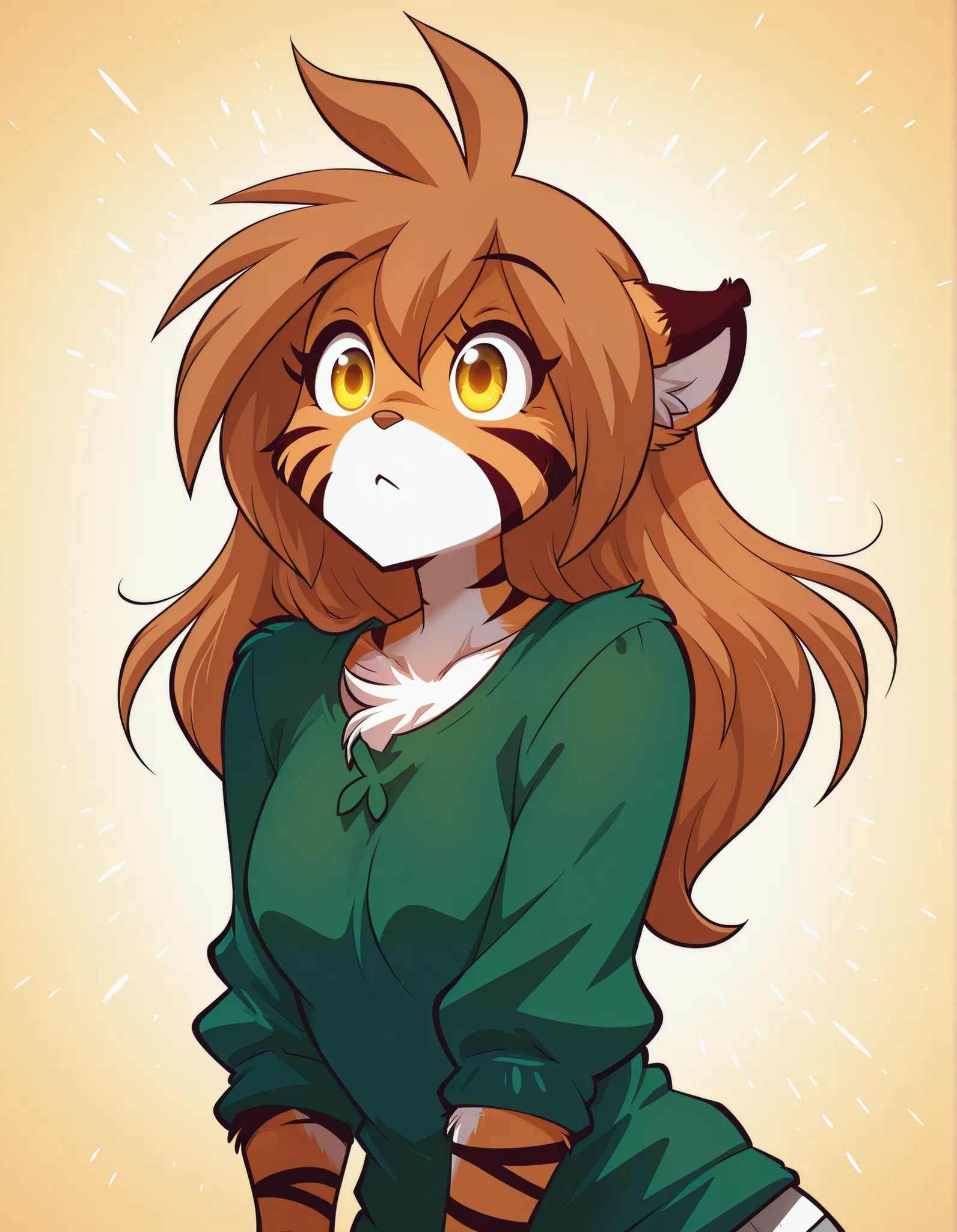f11ph1style,, masterpiece, best quality, very aesthetic, 1girl,, furry, solo, flora-twokinds, flora_twokinds,, tiger, striped fur, keidran, yellow eyes, anthro,, green shirt