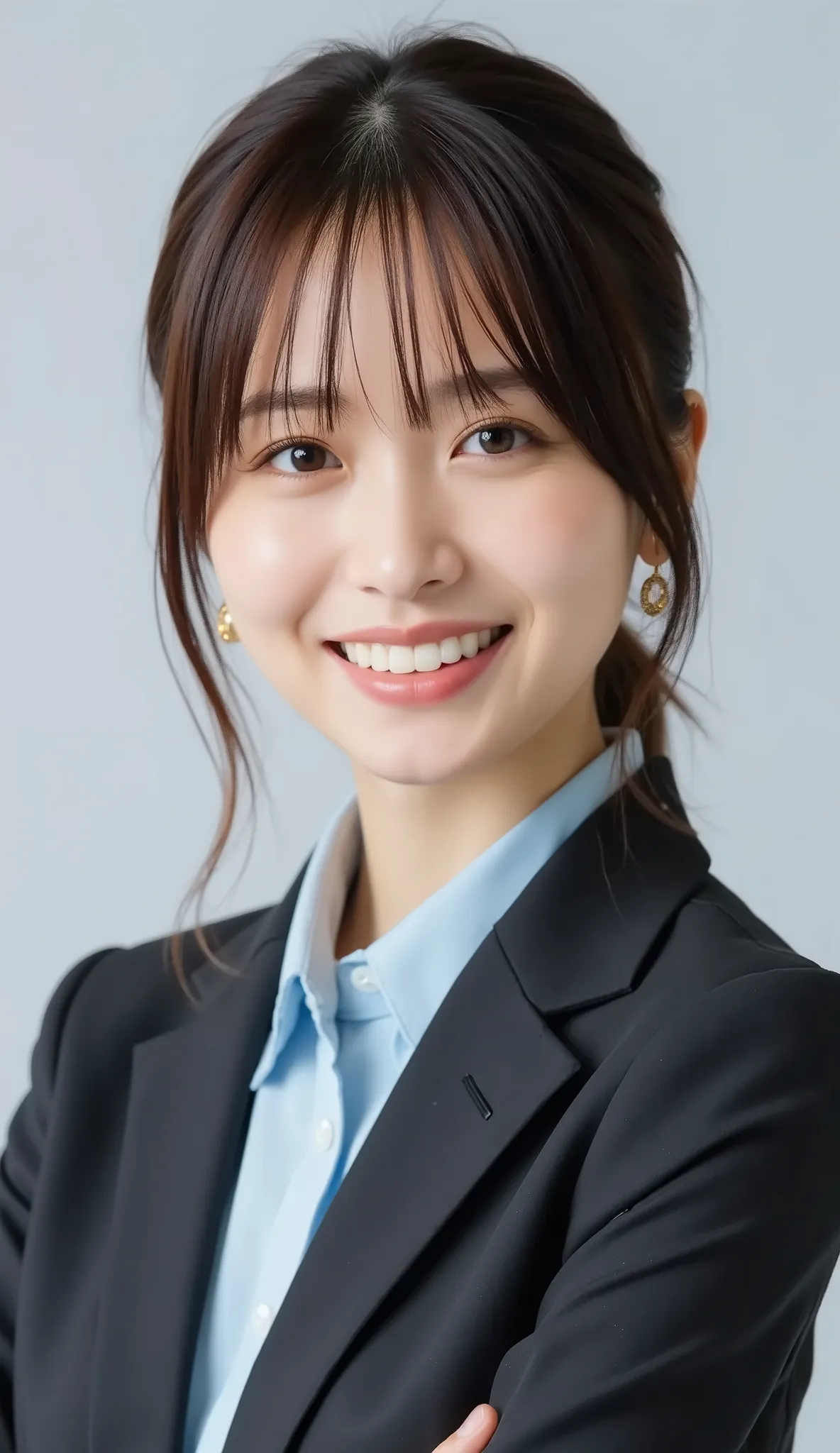 Neat Young Woman、and look at the camera、office lady suit、jacket、shirt、 、、ear piercing、髪型ショートカット、、 、、smile showing teeth、background is office
