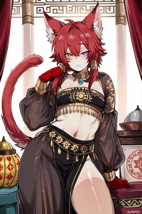 kurenaiz, masterpiece, ultra highres, best quality, 1boy, male focus, male kemonomimi, red cat ears, red hair, heterochromia eyes, purple left eye, yellow right eye, red cat tail, light tan skin, slightly dark skin, Ottoman Empire clothing, dancer's clothe...