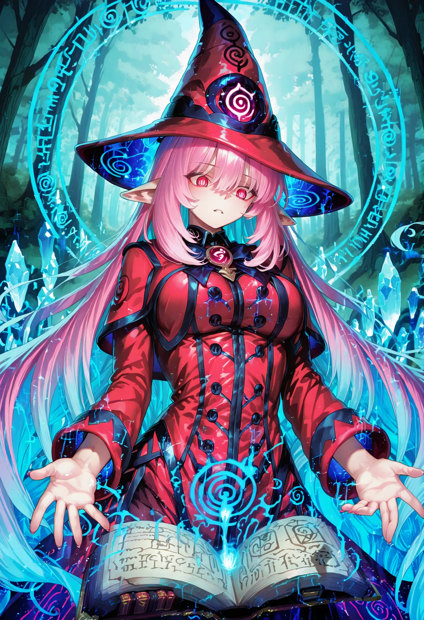 748cmstyle, takeucstyle, Spiral of energy blue around the body, spiral twirl effects, Nice human girl magician, medbreast,hat, red clothes, magic open-book, magical crystal full of energy, intense lightred eyes, very long long wavy pink lucid  hair in magi...