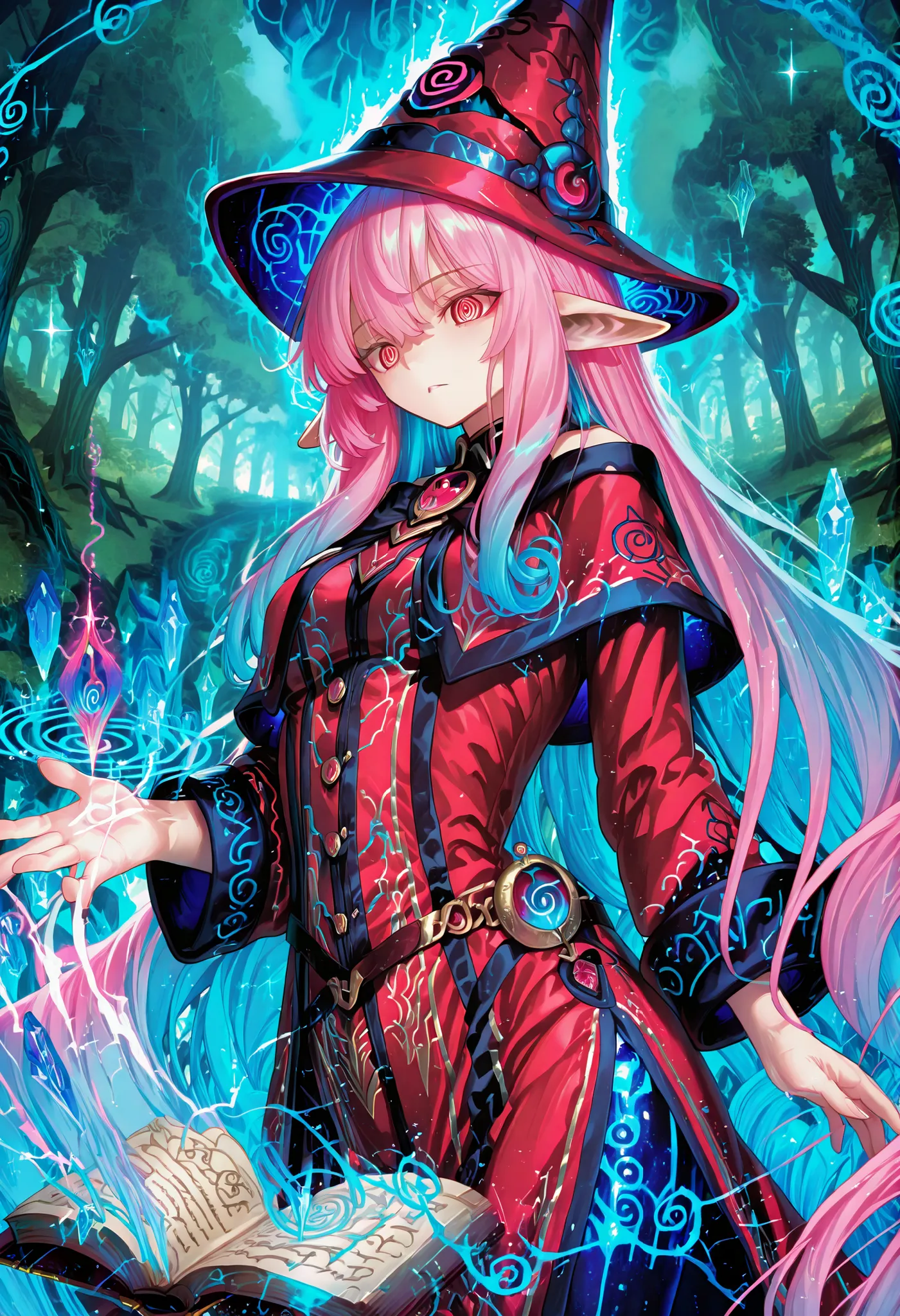 748cmstyle, takeucstyle, Spiral of energy blue around the body, spiral twirl effects, Nice human girl magician, hat, red clothes, magic open-book, magical crystal full of energy, intense lightred eyes, very long long wavy pink lucid  hair in magician-ether...