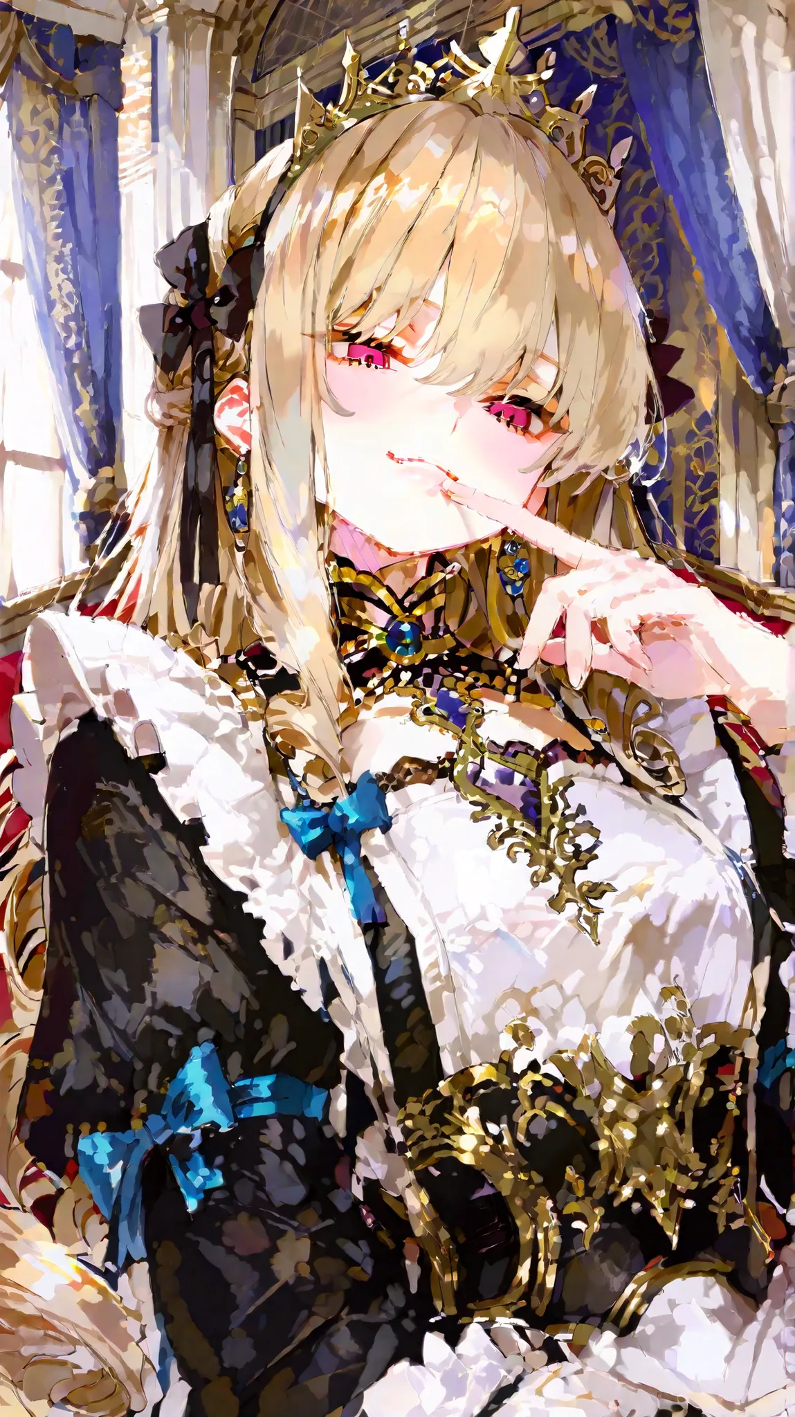 top quality, perfect finish, super resolution, Royal Princess, Maid Costume, Intimidating smile, finger to lips, look down, Golden Curly Hair, Jewellery Crown, Luxury Maid Dress, Lace Embellished ,  ribbon decoration, Luxurious Royal Palace Interior, Gold ...
