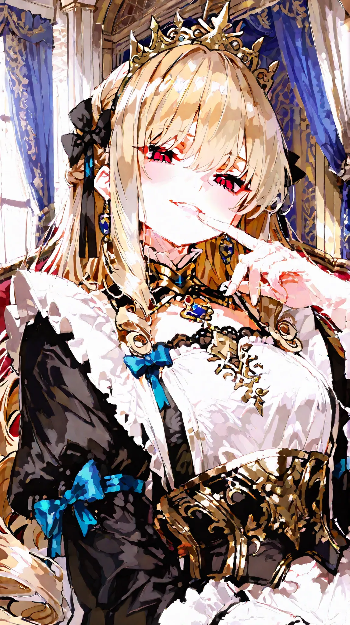 top quality, perfect finish, super resolution, Royal Princess, Maid Costume, Intimidating smile, finger to lips, look down, Golden Curly Hair, Jewellery Crown, Luxury Maid Dress, Lace Embellished ,  ribbon decoration, Luxurious Royal Palace Interior, Gold ...