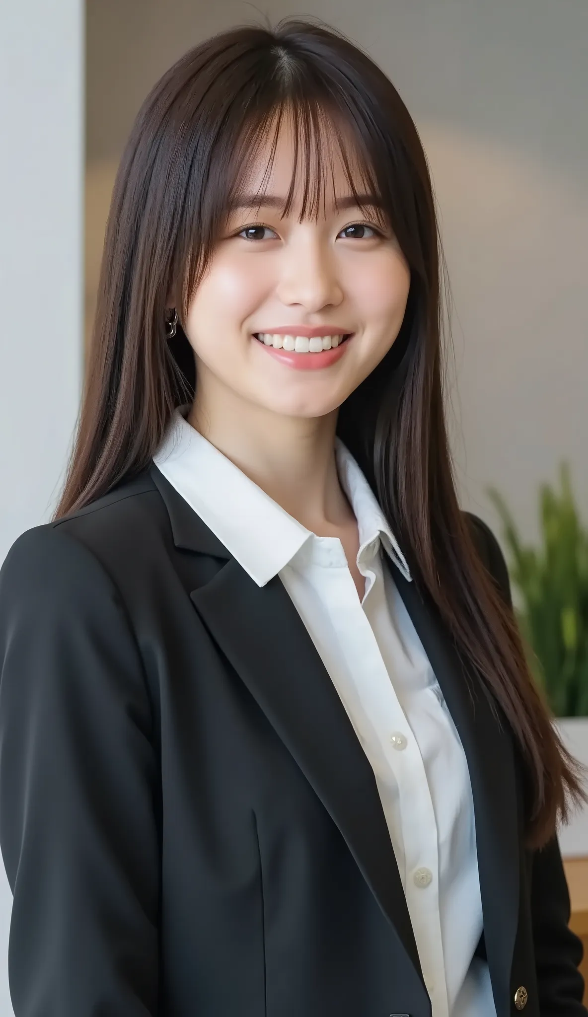 Neat Young Woman、and look at the camera、office lady suit、jacket、shirt、 、、ear piercing、髪型セミロング、、 、、smile showing teeth、background is office
