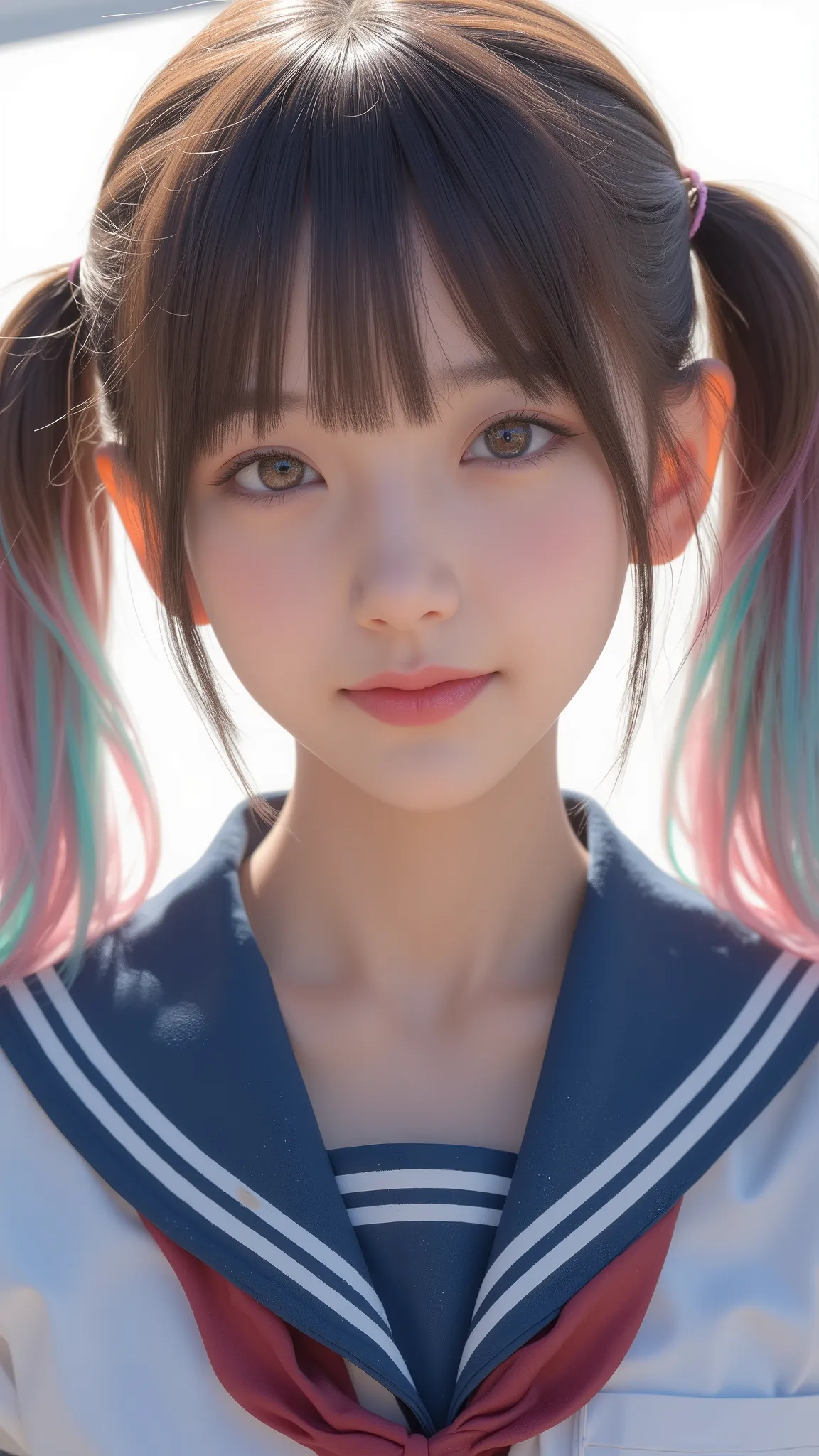 twin tail、cute, Hyperrealistic, High precision in selection, top quality、Smile、high school student in sailor suit