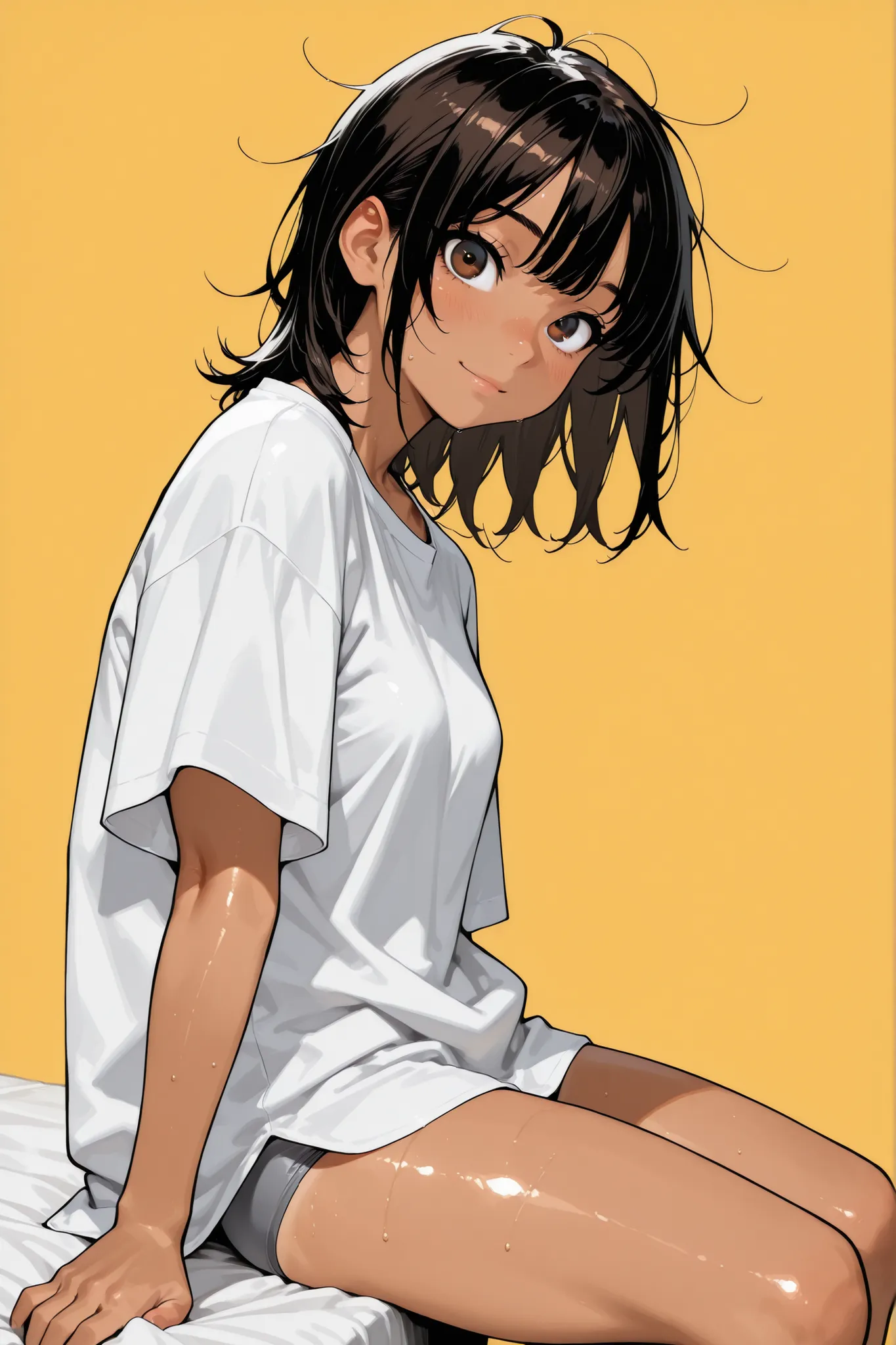 1 girl,Super Detailed,absolute resolution,(dynamic angles),(tanned skin:0.5),(tanlines:0.3),portrait,(pinup),from side,sitting on Edge of the bed,looking at viewer,oversized white long T-shirt,(untucked shirt),gray sports panties,(barefoot),(detailed and b...