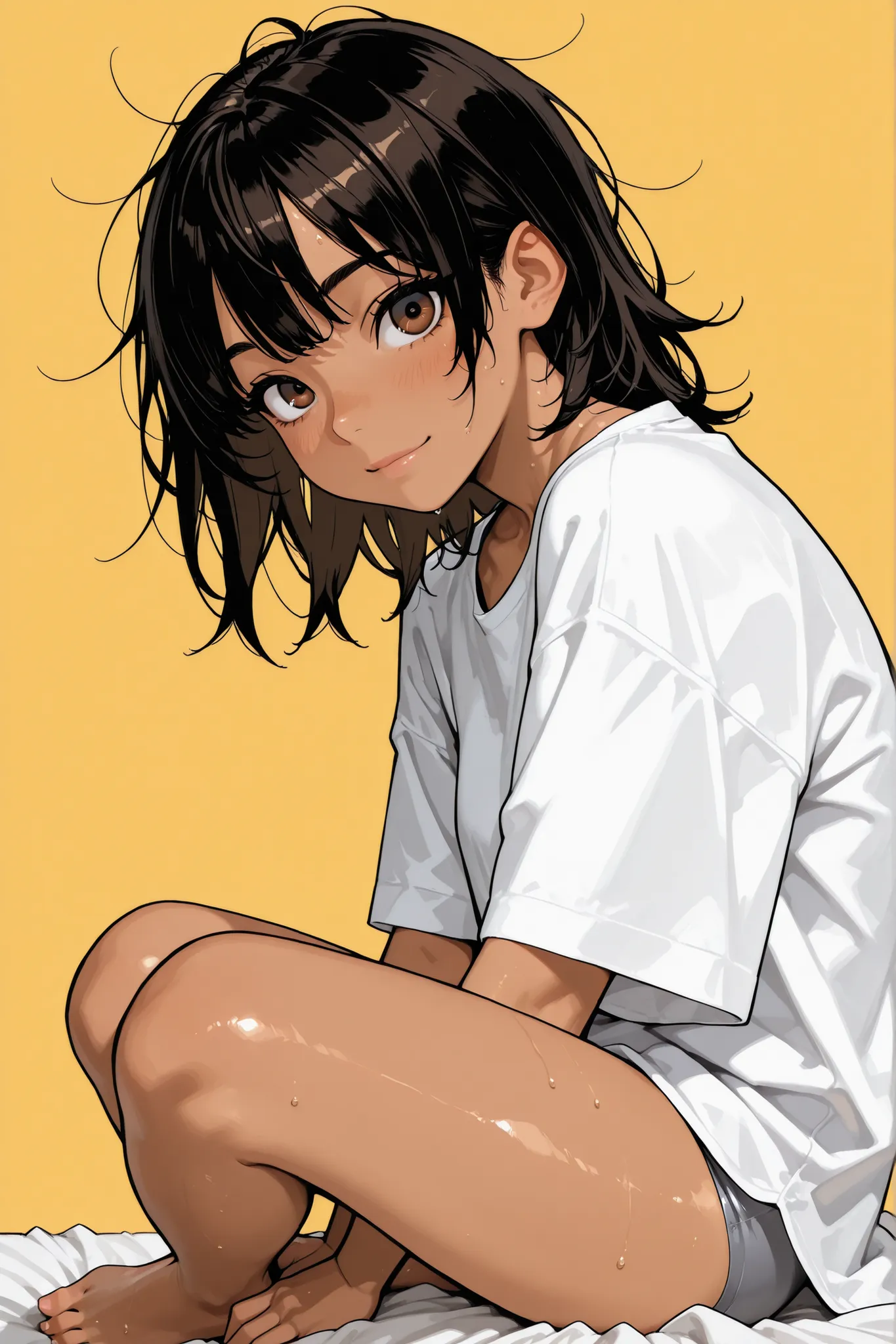1 girl,Super Detailed,absolute resolution,(dynamic angles),(tanned skin:0.5),(tanlines:0.3),portrait,(pinup),close-up,from side,(sitting on Edge of the bed),looking at viewer,oversized white long T-shirt,(untucked shirt),gray sports panties,(barefoot),deta...