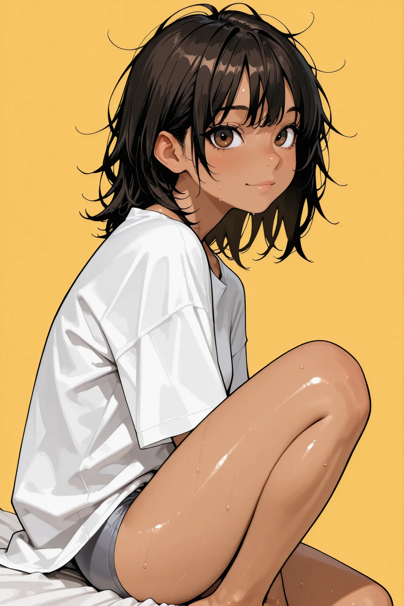 1 girl,Super Detailed,absolute resolution,(dynamic angles),(tanned skin:0.5),(tanlines:0.3),portrait,(pinup),(close-up),from side,(sitting on Edge of the bed),looking at viewer,oversized white long T-shirt,(untucked shirt),gray sports panties,(barefoot),de...
