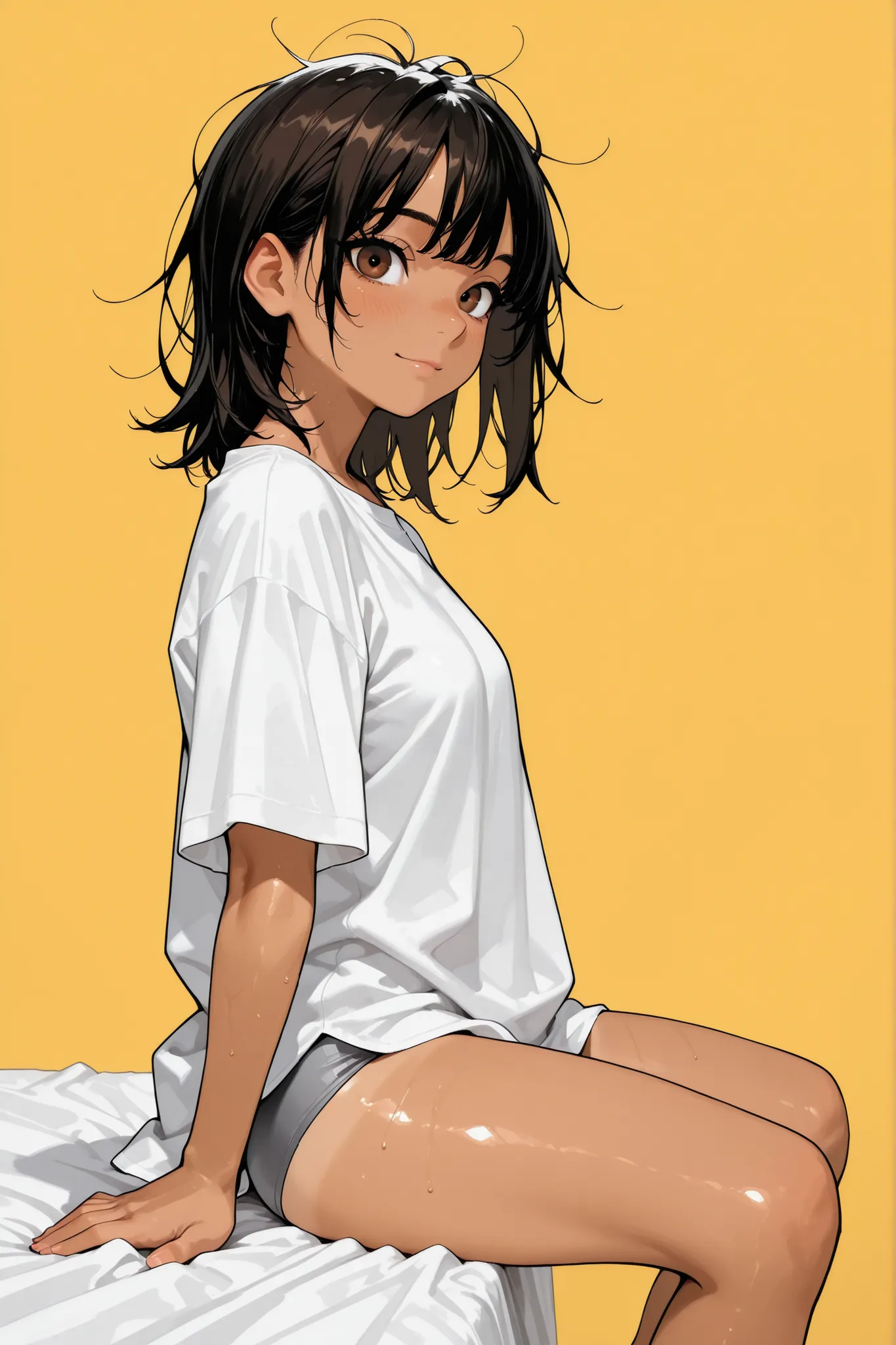 1 girl,Super Detailed,absolute resolution,(dynamic angles),(tanned skin:0.5),(tanlines:0.3),portrait,(pinup),close-up,from side,(sitting on Edge of the bed),looking at viewer,oversized white long T-shirt,(untucked shirt),gray sports panties,(barefoot),deta...