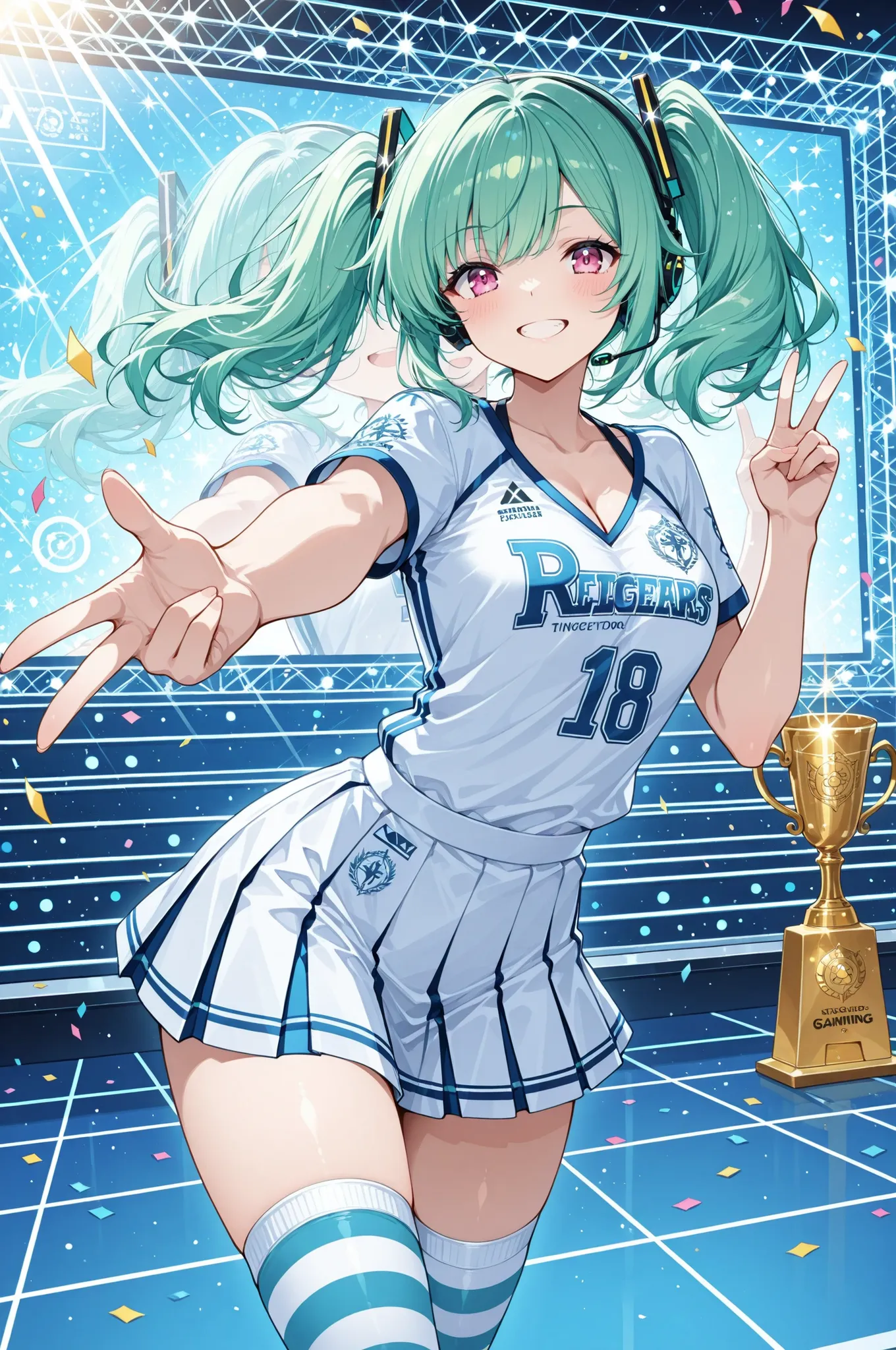 character:
  hair:
    style: twin tails with colorful ribbons
    color: #008000 green hair
    description: vibrant emerald twin tails with gaming-themed accessories and dynamic movement
  eyes:
    color: #FFC0CB pink eyes
    pattern: kaleidoscopic ros...