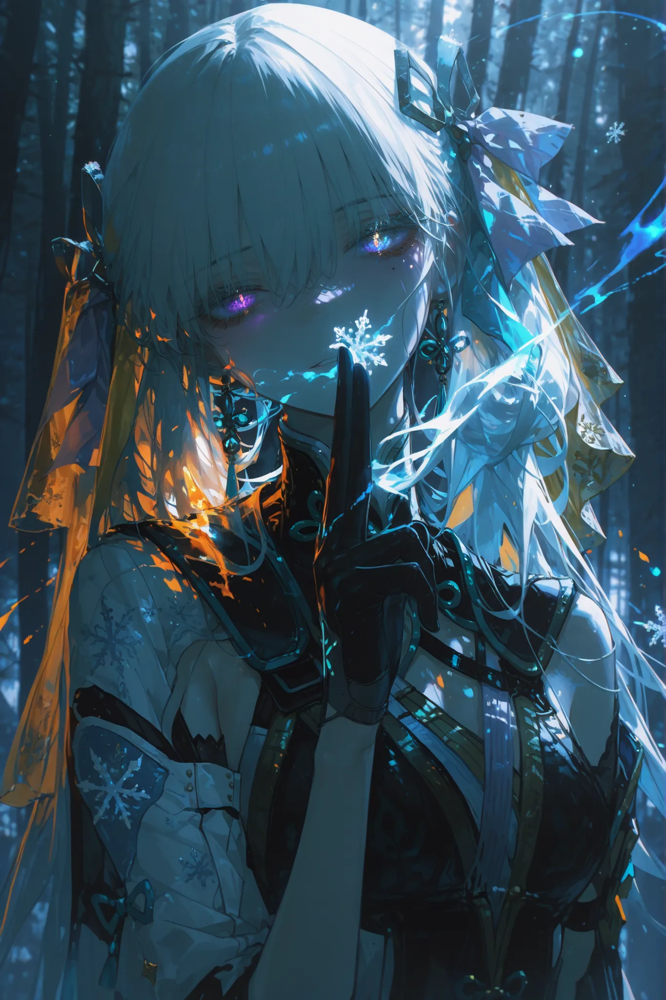 1girl,wuthering waves,jinhsi \(wuthering waves\),blue eyes,blue ribbon,casting spell,covered mouth,diffraction spikes,facial mark,floating hair,glowing,glowing eyes,gold ribbon,hair ribbon,hand up,kuji-in,long hair,looking at viewer,mole,mole on cheek,ribb...