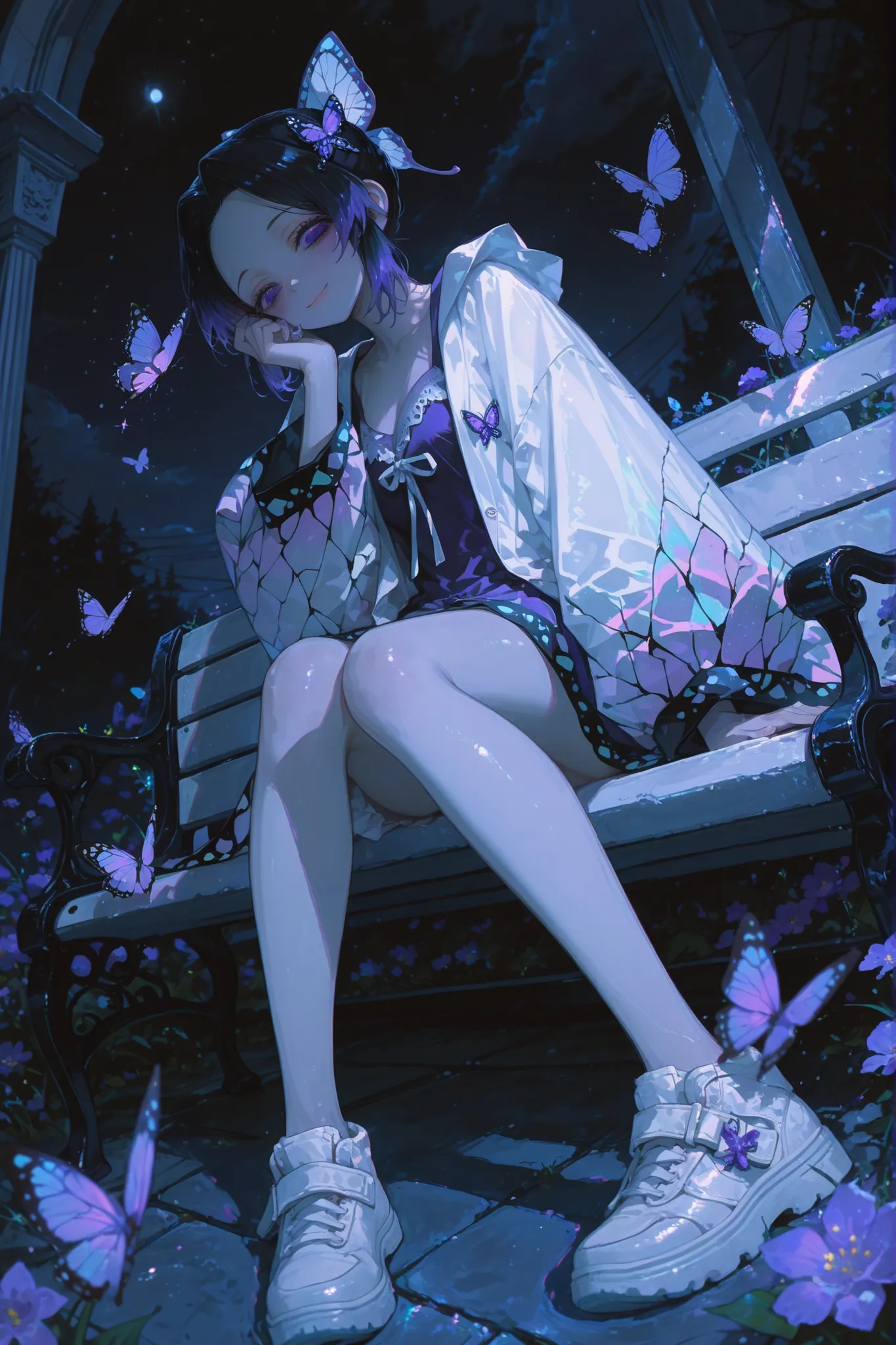 masterpiece,best quality,amazing quality,very aesthetic,(full_body_shot),high resolution,ultra-detailed, absurdres,newest, volumetric lighting, best quality,pale theme, high resolution,((low light)),1girl, shinobu kochou,black hair,butterfly hair ornament,...