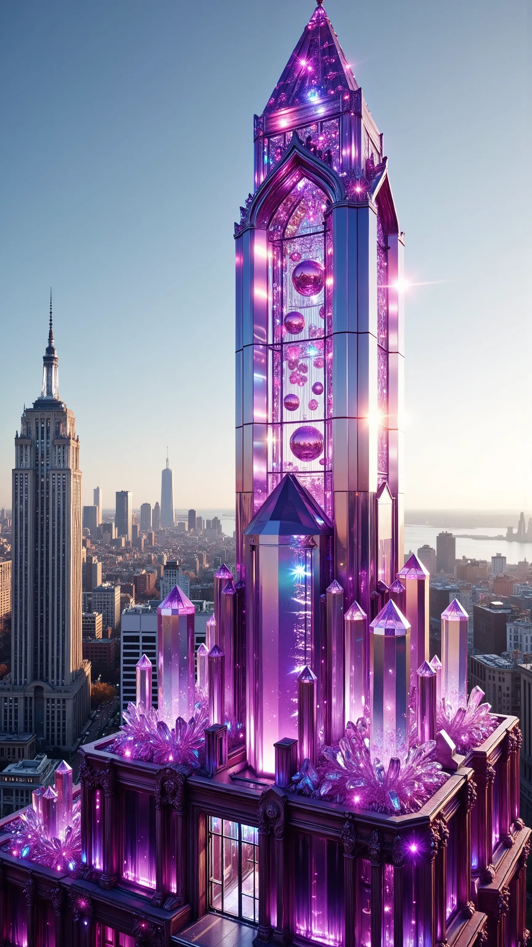 A towering crystal structure glimmers majestically in the foreground, crafted from translucent purple and pink hues that catch the sunlight brilliantly. The design resembles a modern skyscraper, its sharp geometric lines and the extensive glassy surface re...