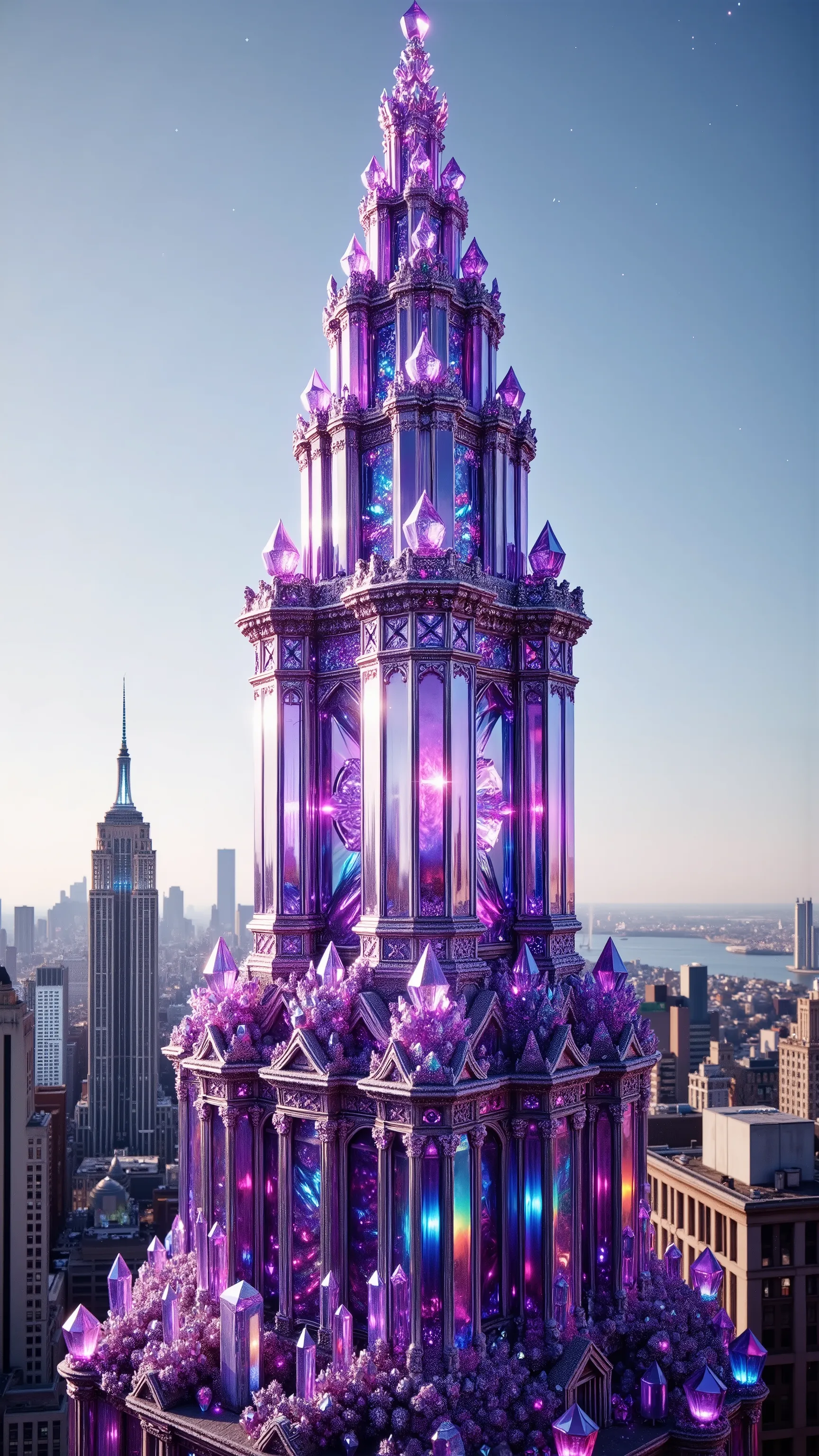 A towering crystal structure glimmers majestically in the foreground, crafted from translucent purple and pink hues that catch the sunlight brilliantly. The design resembles a modern skyscraper, its sharp geometric lines and the extensive glassy surface re...
