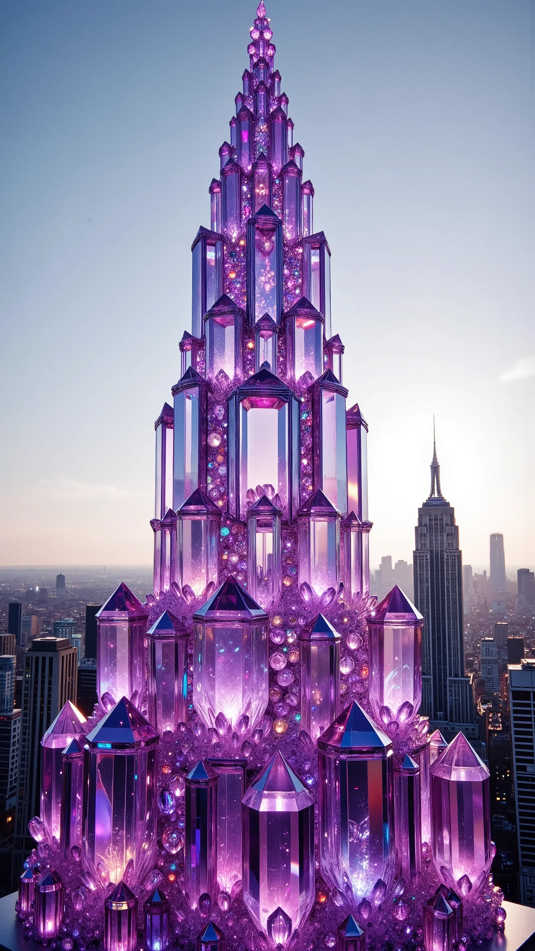 A towering crystal structure glimmers majestically in the foreground, crafted from translucent purple and pink hues that catch the sunlight brilliantly. The design resembles a modern skyscraper, its sharp geometric lines and the extensive glassy surface re...