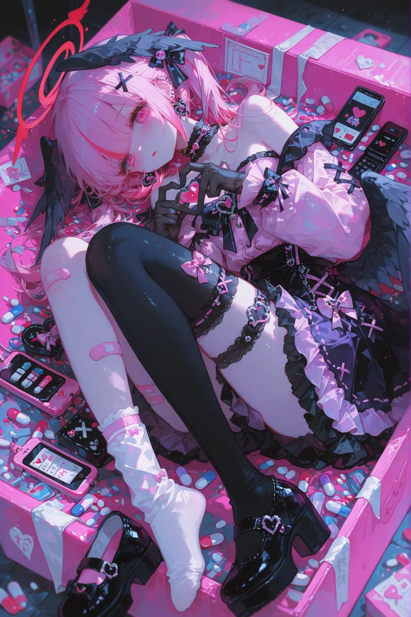 (maccha_(mochancc):0.4),,(ciloranko:0.4),sentter,(imazawa:0.6),(qianqianjie:0.7),(chocoan:0.25), ,koharu (blue archive),1girl, black wings, sock, pink hair, solo,, wings, gloves,chest,(strapless:1.2), (jirai kei:1.3),lace gloves,black gloves, shirt, lookin...