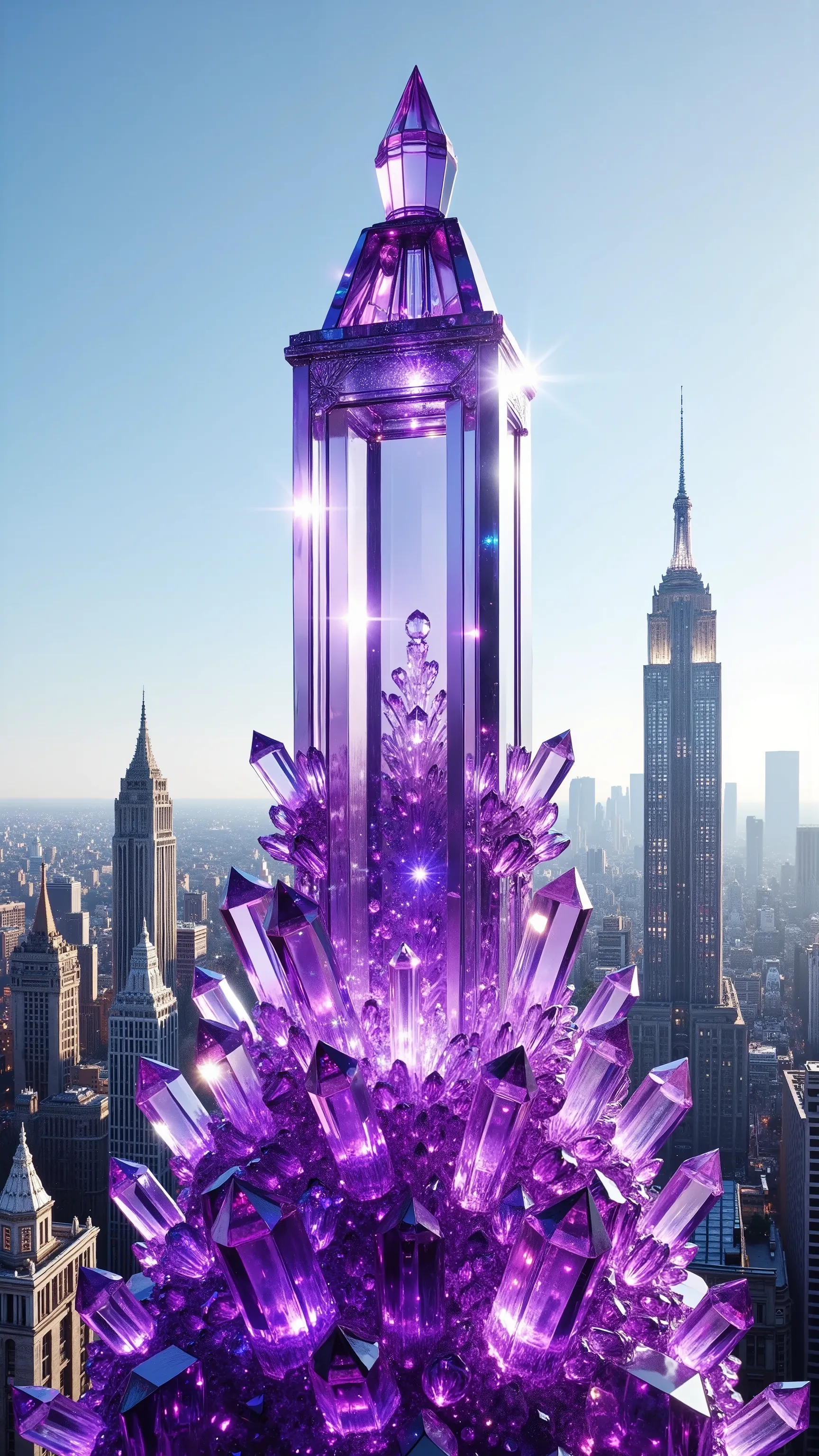 An incredibly high amethyst quartz crystal structure glimmers majestically in the foreground, crafted from translucent purple and violet amethyst that catch the sunlight brilliantly. The design resembles a modern skyscraper, its sharp geometric lines and ...