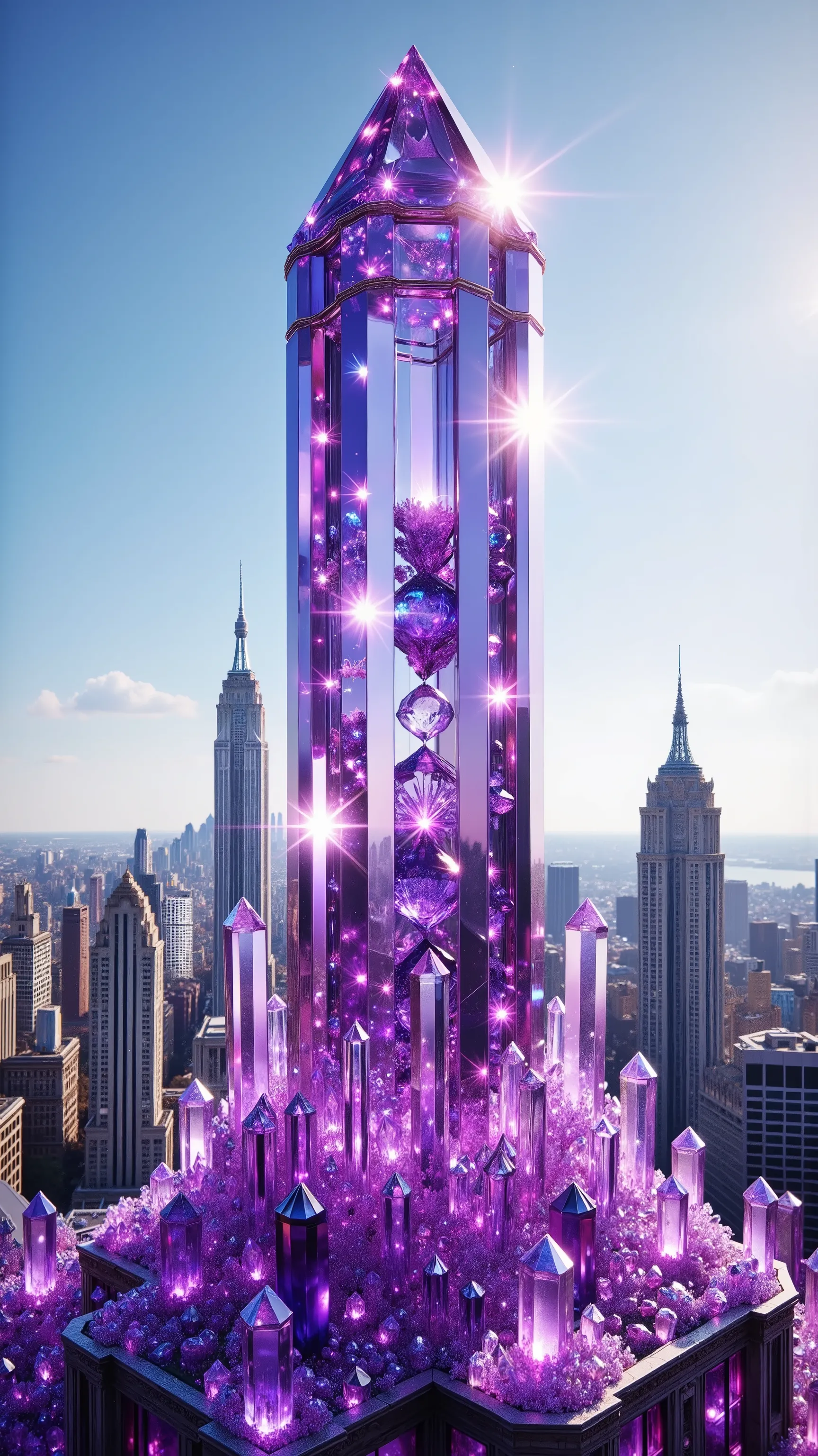 An incredibly high amethyst quartz crystal structure glimmers majestically in the foreground, crafted from translucent purple and violet amethyst that catch the sunlight brilliantly. The design resembles a modern skyscraper, its sharp geometric lines and ...